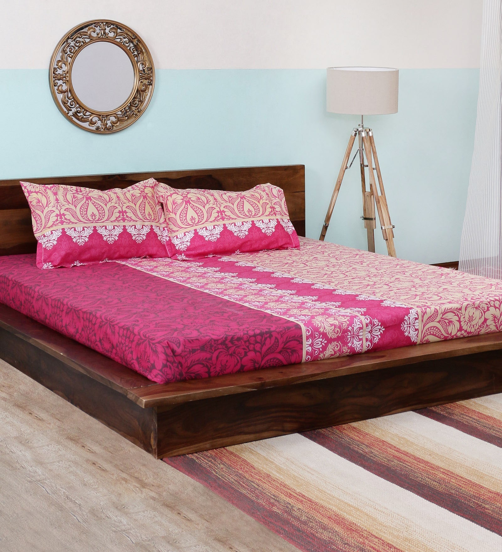 Buy Elegance Lotus Pink Cotton Floral Motif 96 x 88 Inch Bed Sheet Set