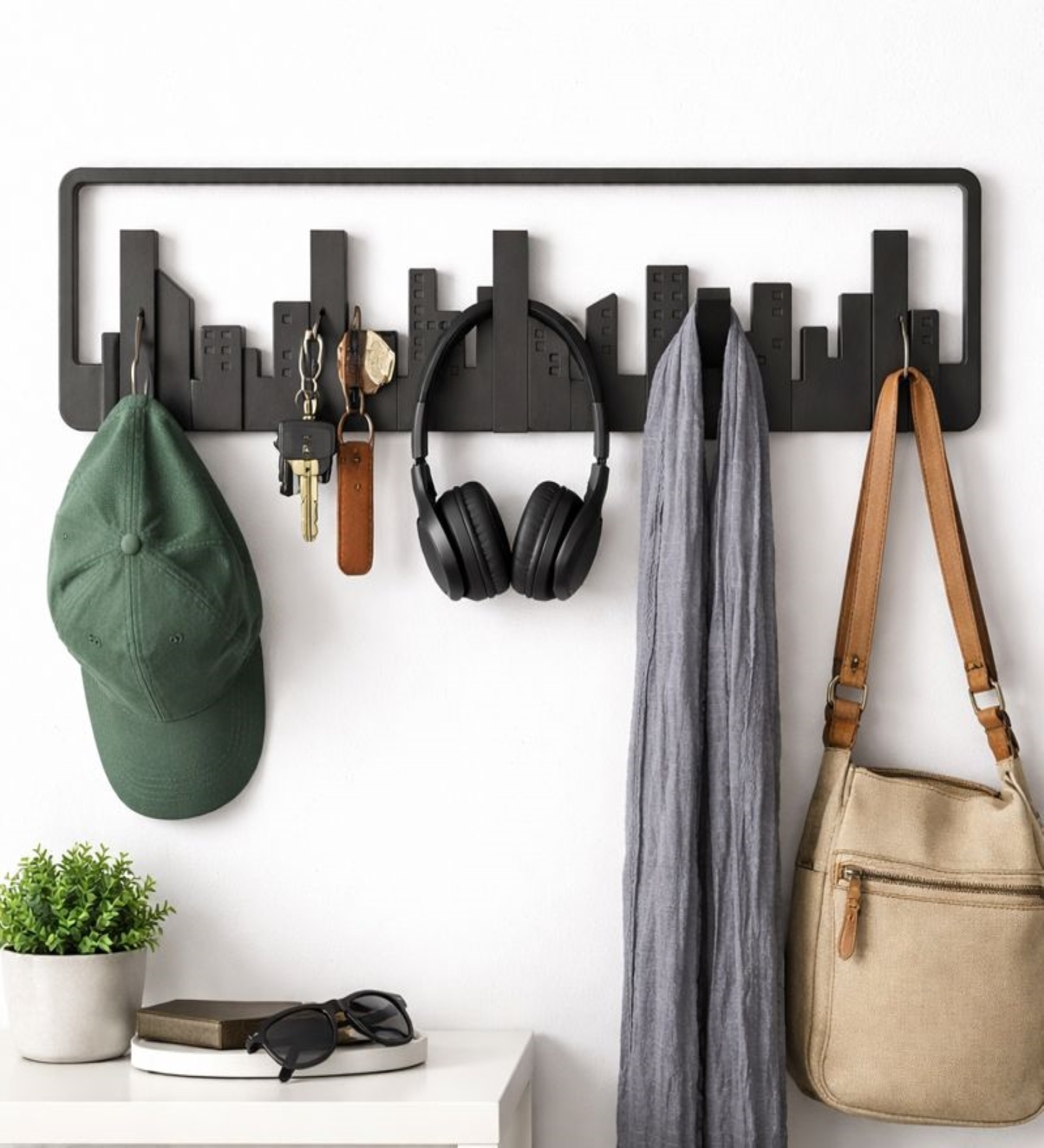 Black Multipurpose Metal City Wall Hanger with Multiple Hooks