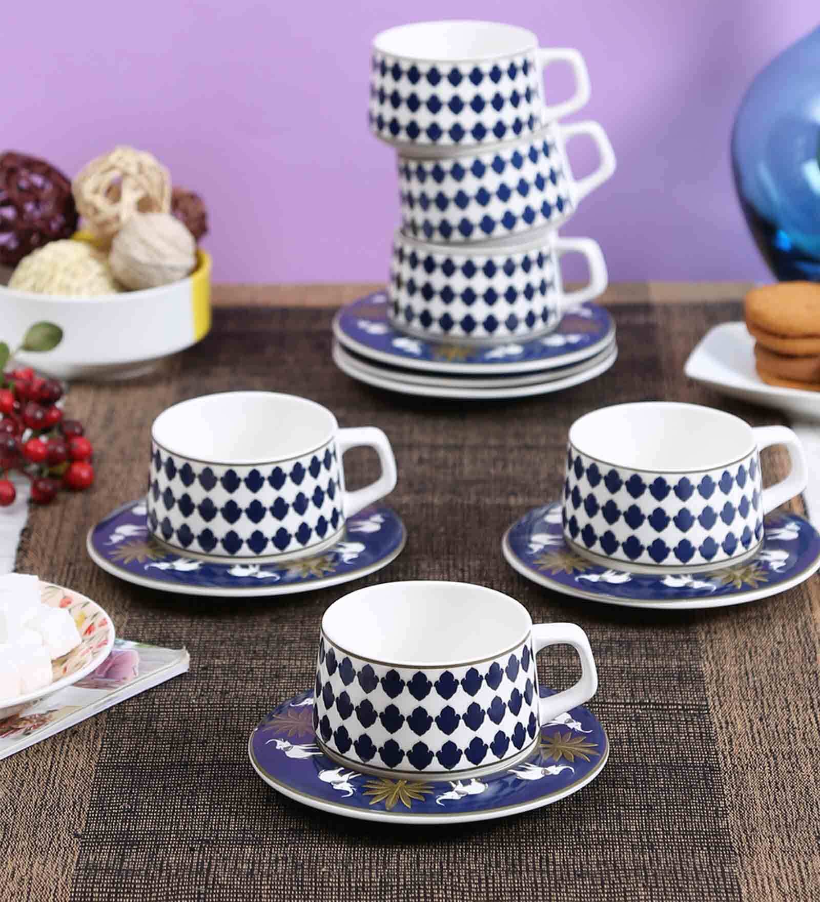 Elegant 210ml Blue & White Ceramic (Set of 12) Tea Cup & Saucer Set