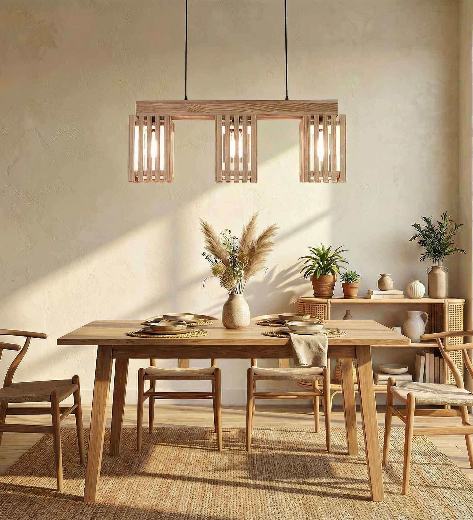 Elegant 3 Lights Beige Solid Wood Linear Chandelier Cluster Hanging Light