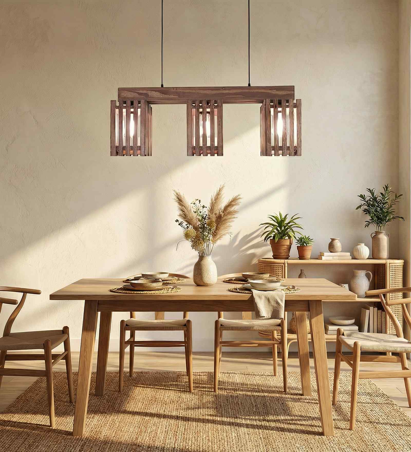Elegant 3 Lights Brown Solid Wood Linear Chandelier Cluster Hanging Light