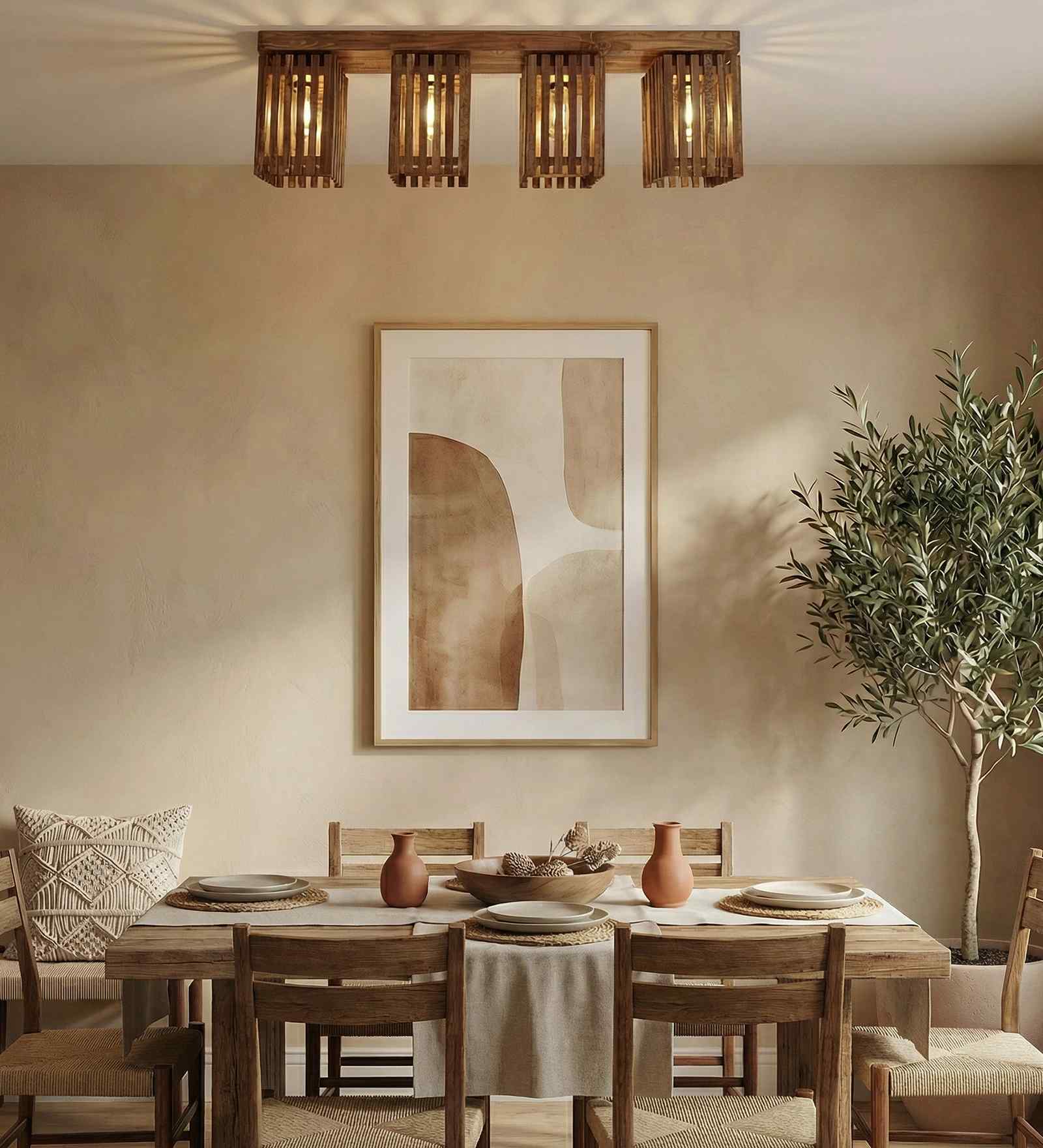 Elegant 4 Lights Brown Solid Wood Flush Mounted Ceiling Light