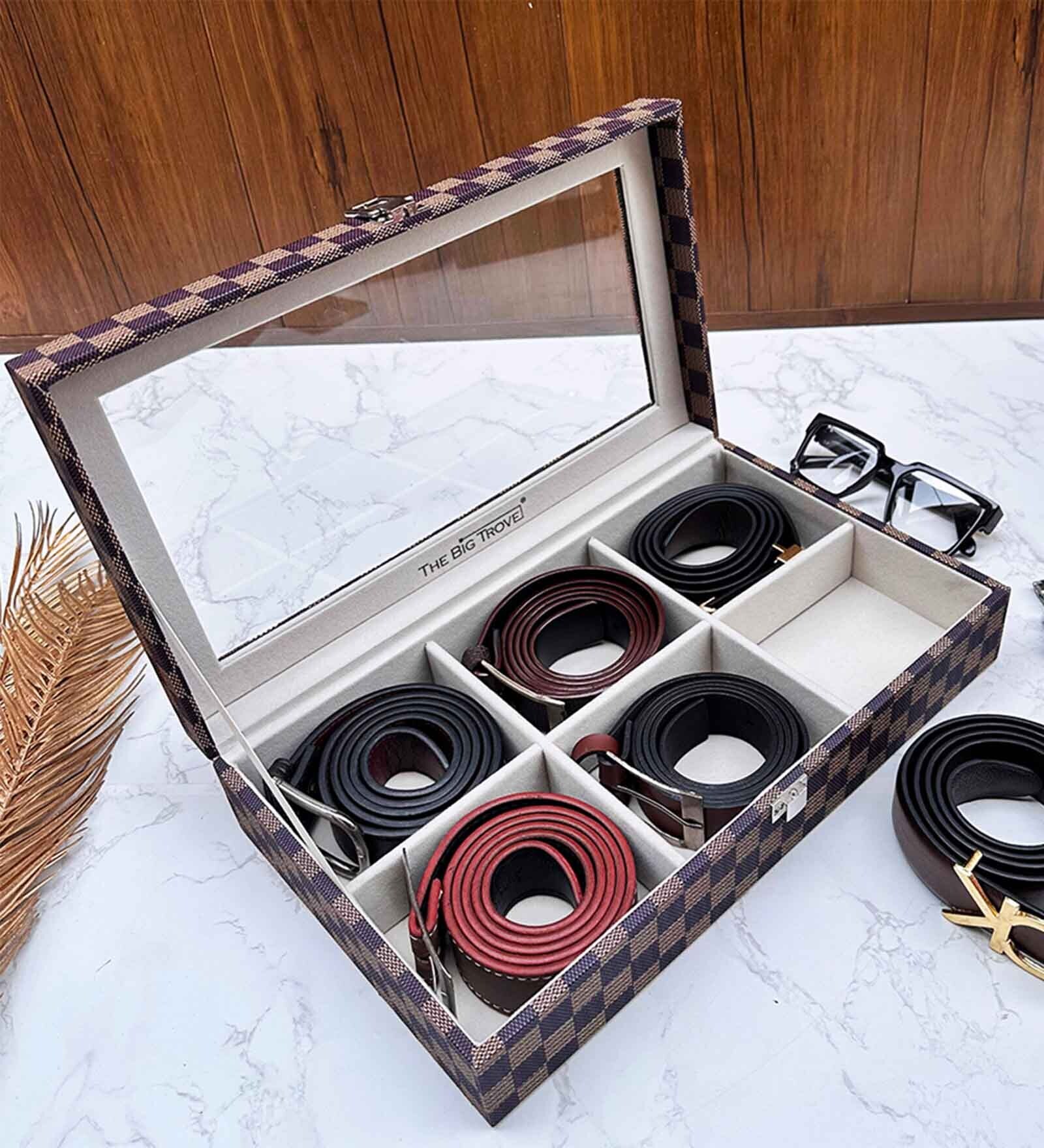 Brown Elegant 6 Slot Belt Pocket Square With Glass Top