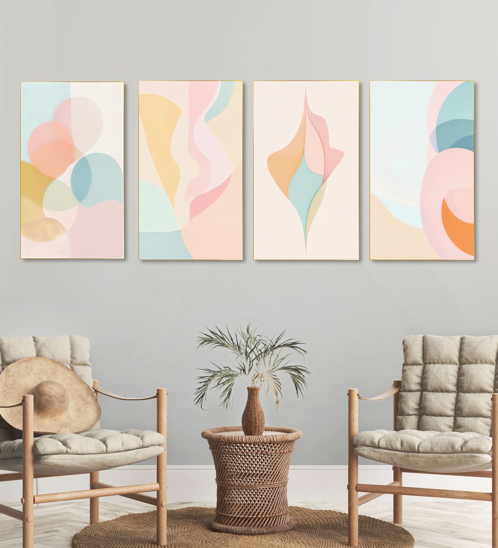 Elegant Abstract Pastel Wall Paintings Set of 4 Canvas Gold Frame