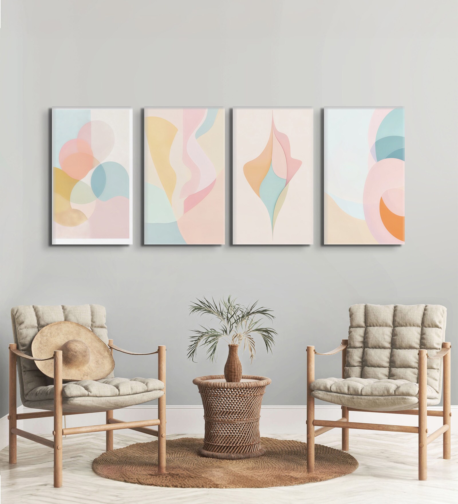 Elegant Abstract Pastel Wall Paintings Set of 4 Canvas Stretch Canvas Frame