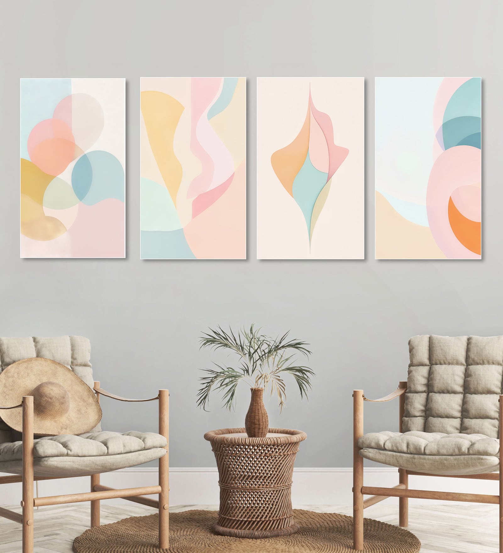 Elegant Abstract Pastel Wall Paintings Set of 4 Canvas White Frame