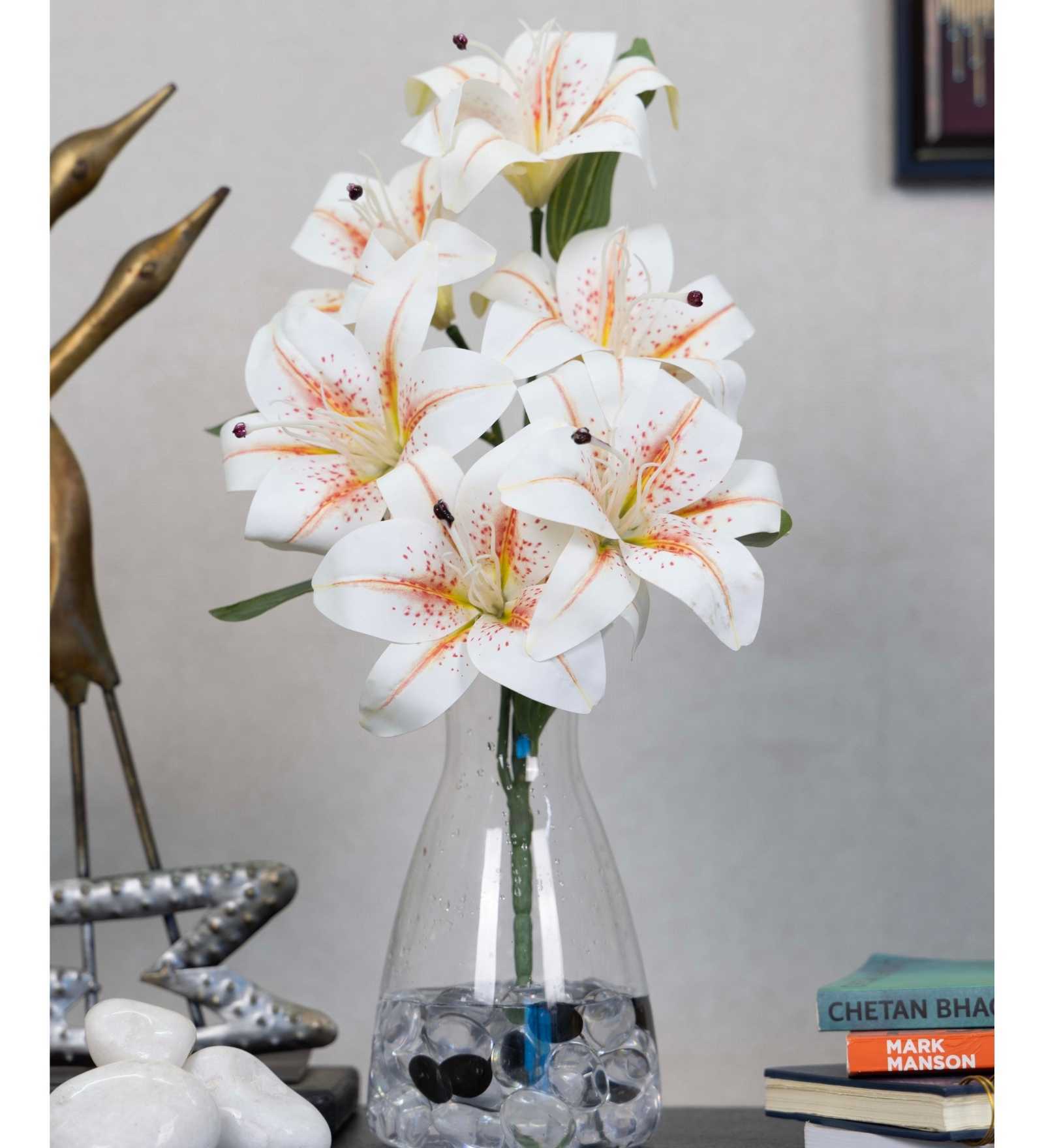 Elegant Artificial Dotted White Lily Flower Bunch Real Touch Decorative Bouquet For Home & Events (White)