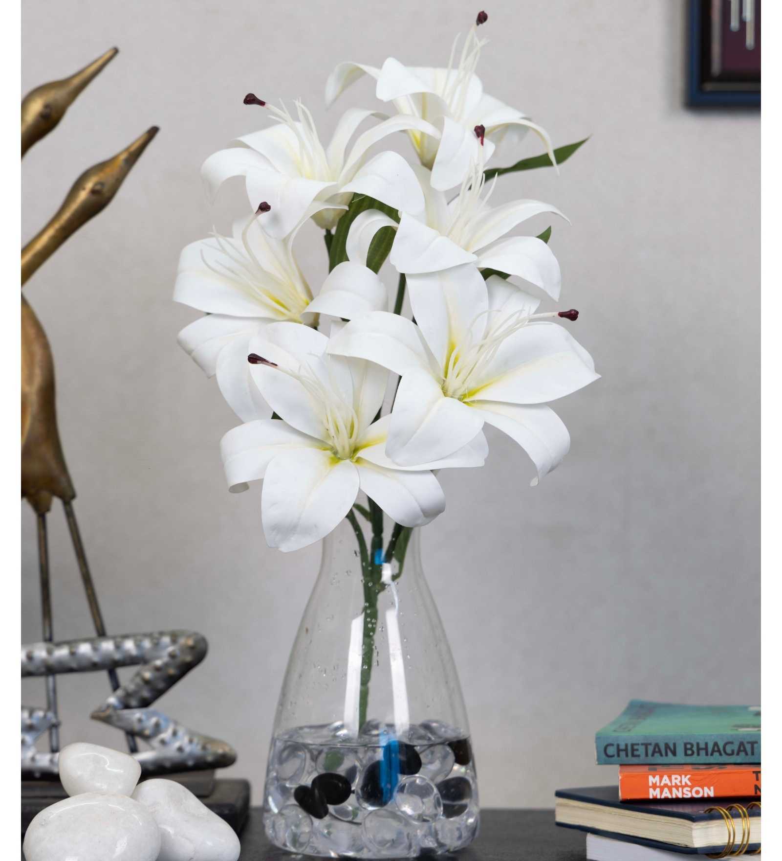 Elegant Artificial White Lily Flower Bunch Real Touch Decorative Bouquet For Home & Events (White)