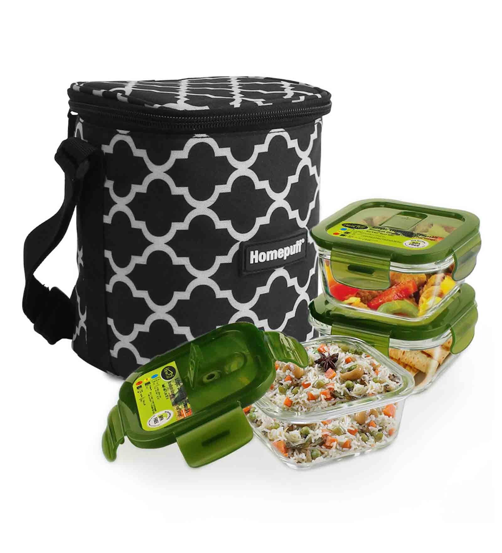 Elegant Black Borosilicate Glass Lunch Box (Set of 3)