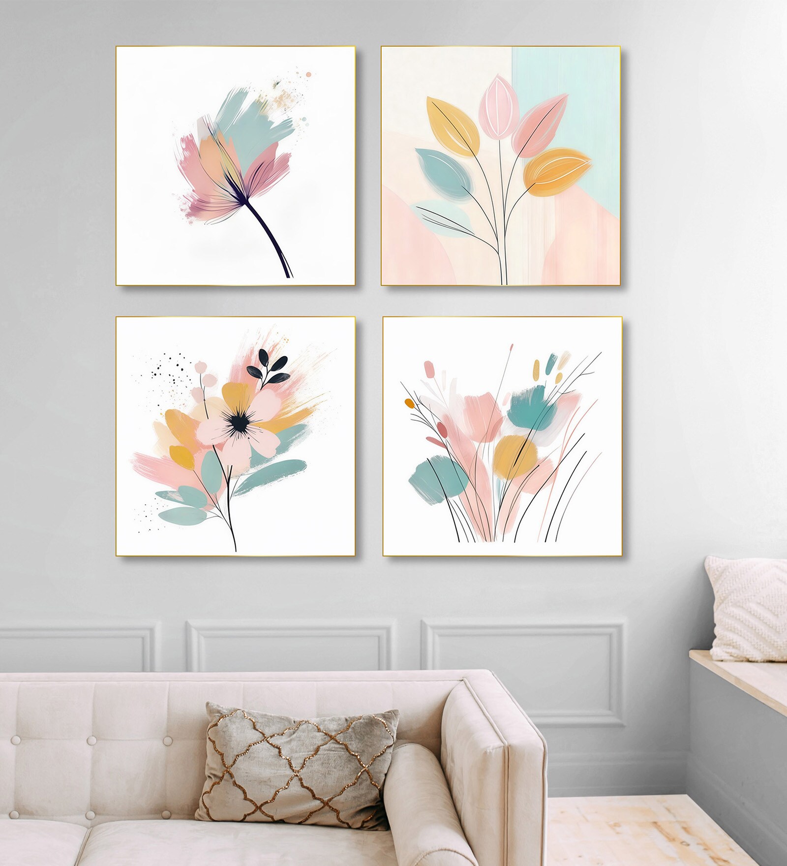 Elegant Blooming Flowers Painting Set of 4 Canvas Wall Painting Gold Frame
