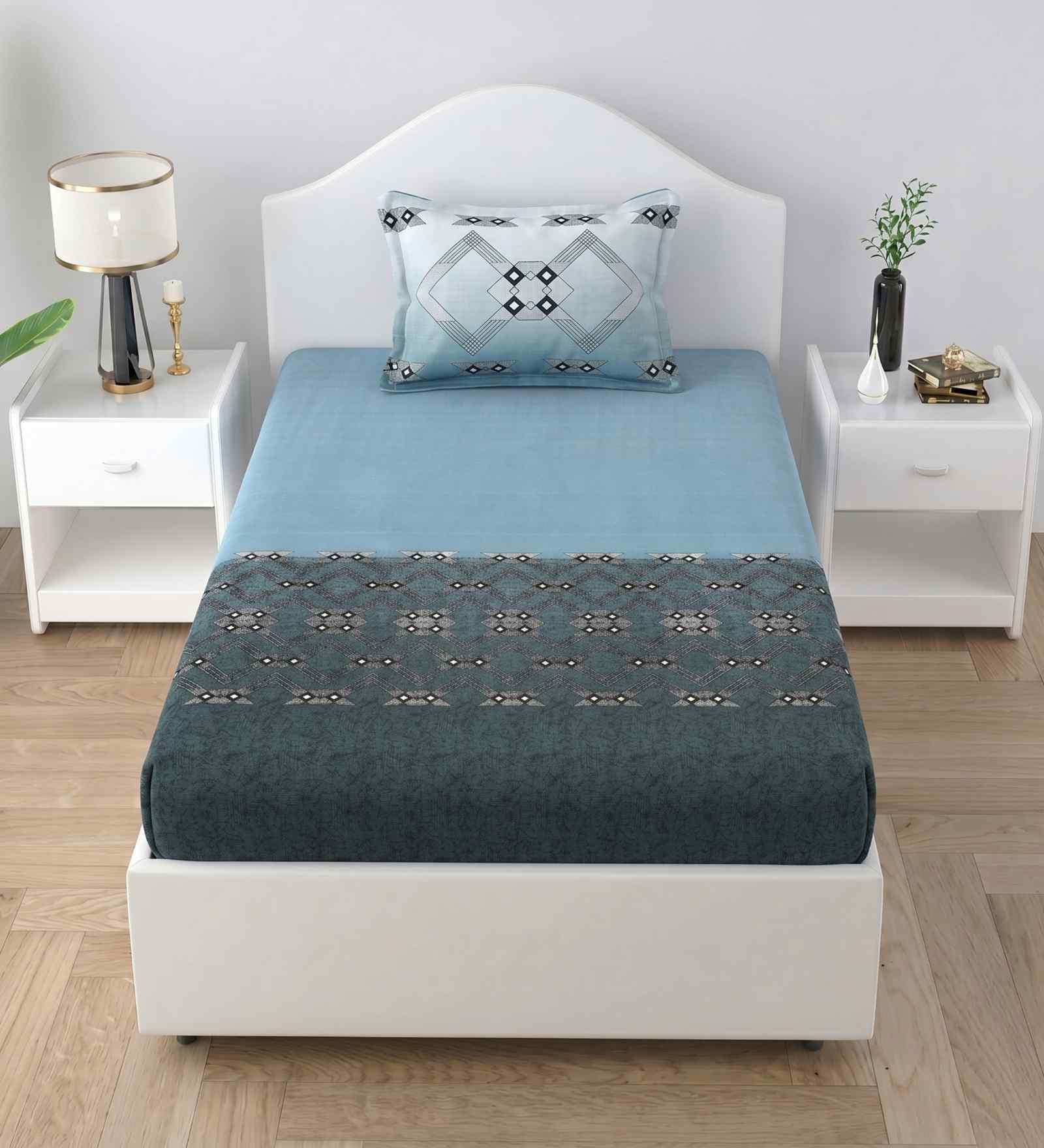 Elegant Blue Autumn Delight Single 186 TC Cotton Bedsheet With 1 Pillow Cover