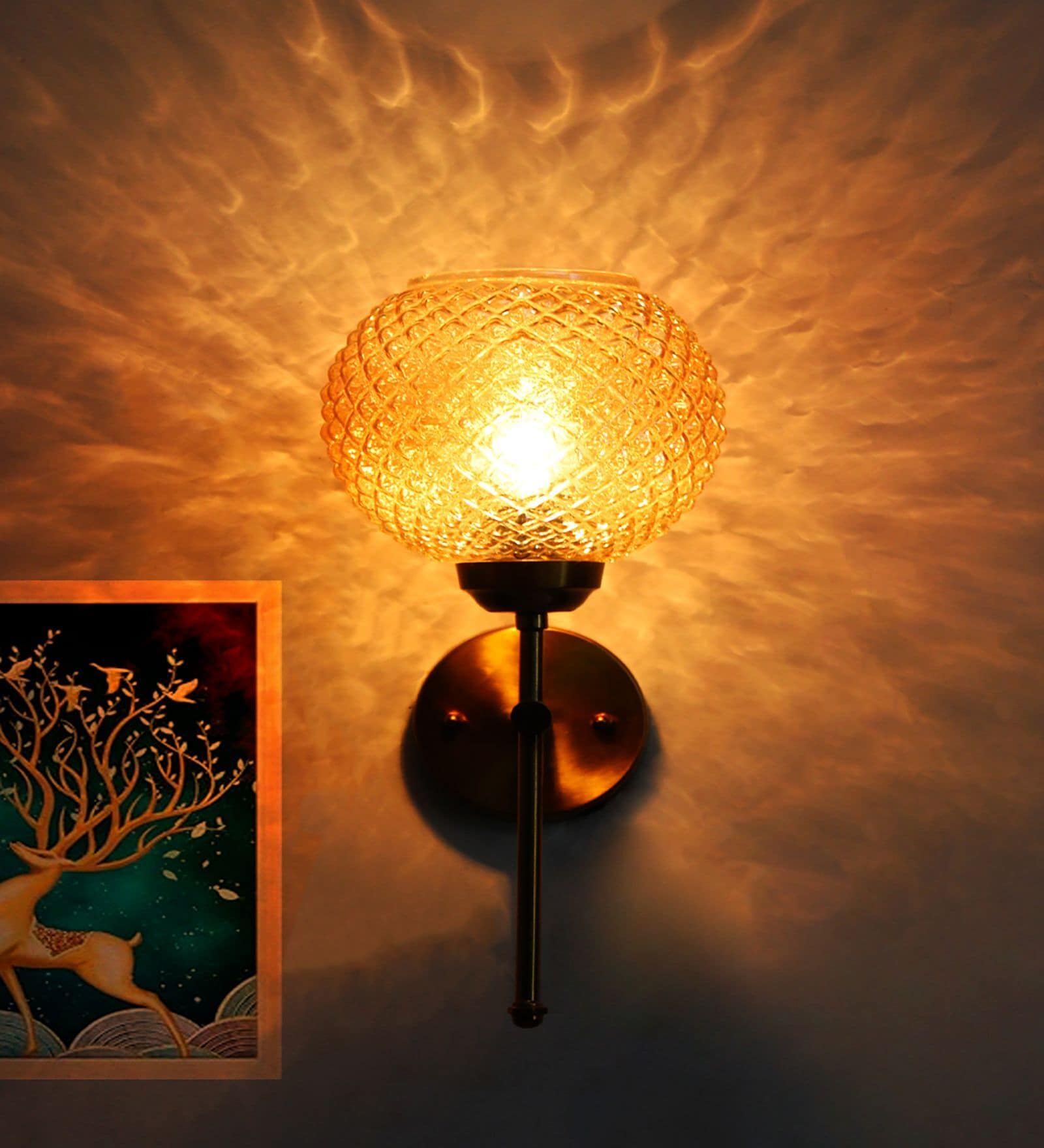 Elegant Brass Wall Light Diamond Amber Glass Fixture