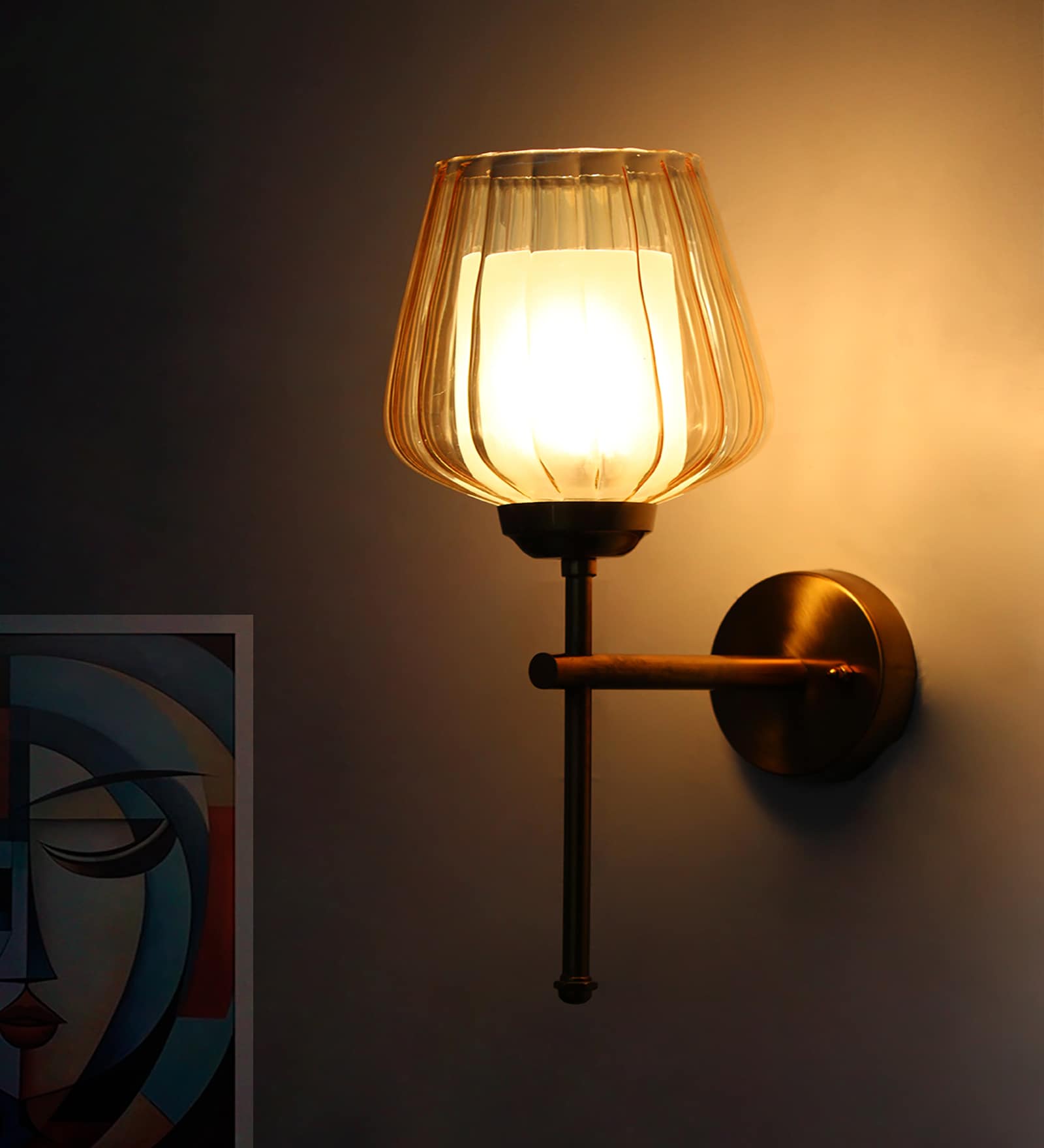 Elegant Brass Wall Light Ribbed Glass Shade