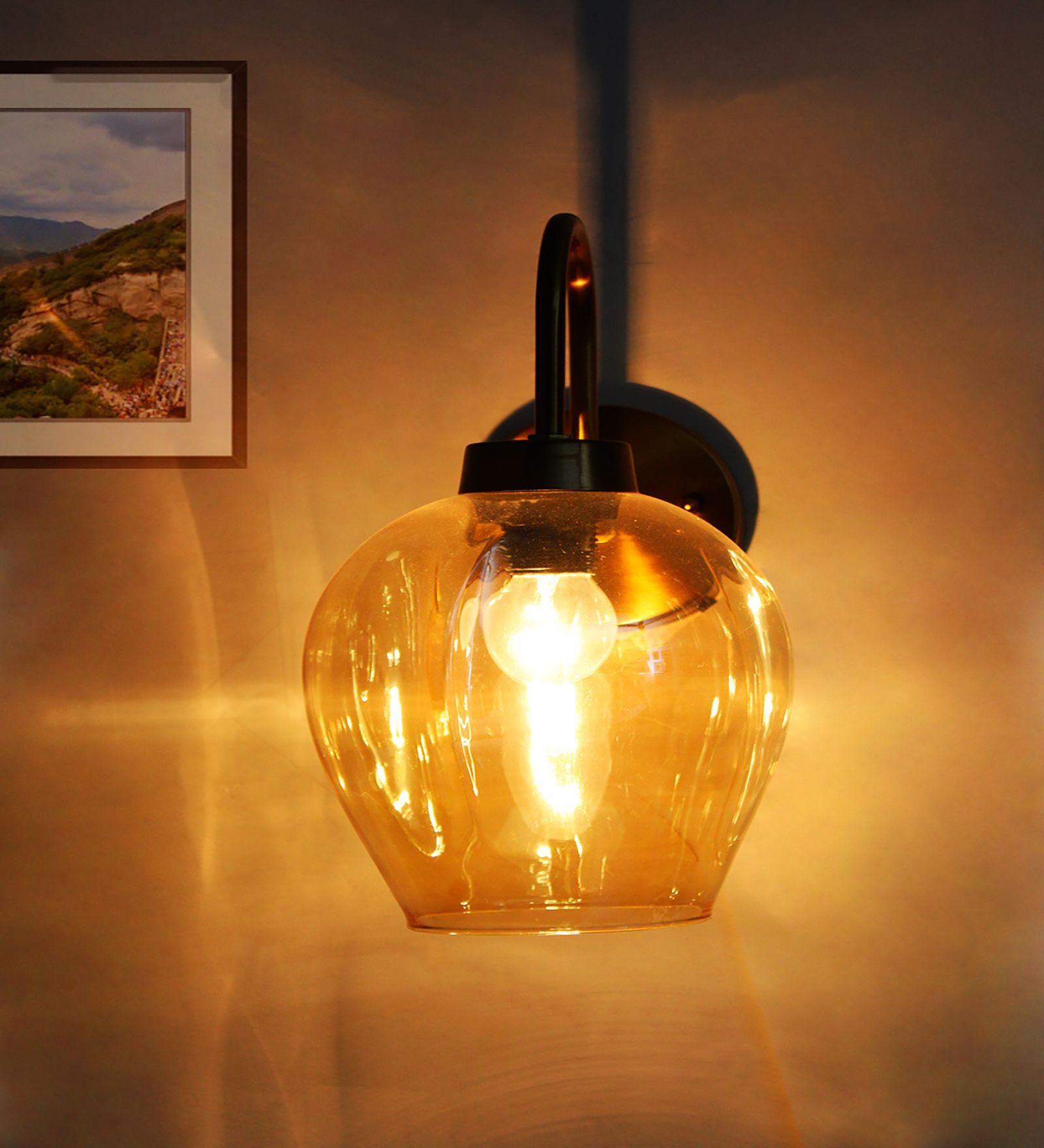 Elegant Brass Wall Sconce Amber Glass Modern Lighting