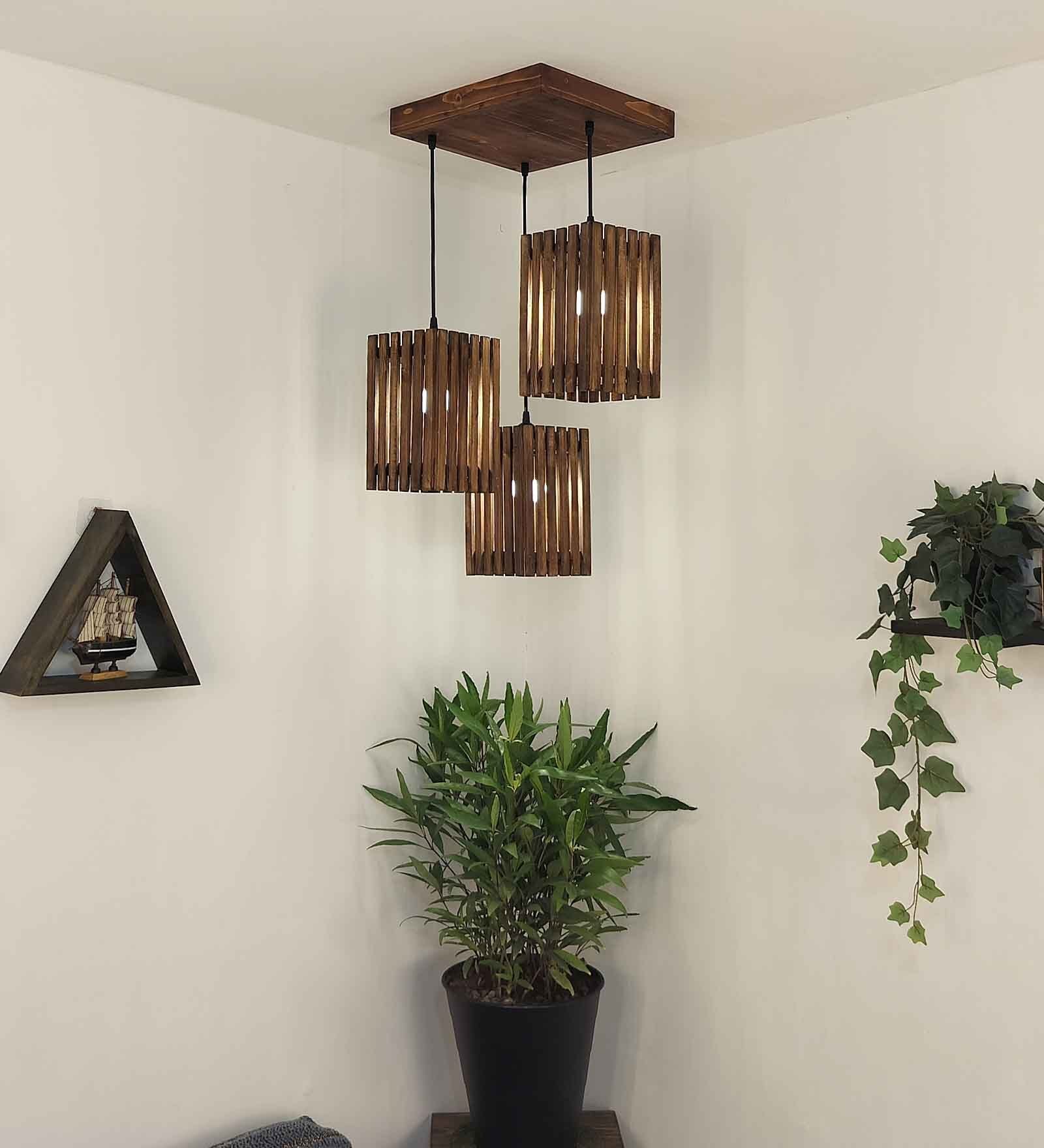 Elegant Brown Solid Wood Cluster Hanging Light