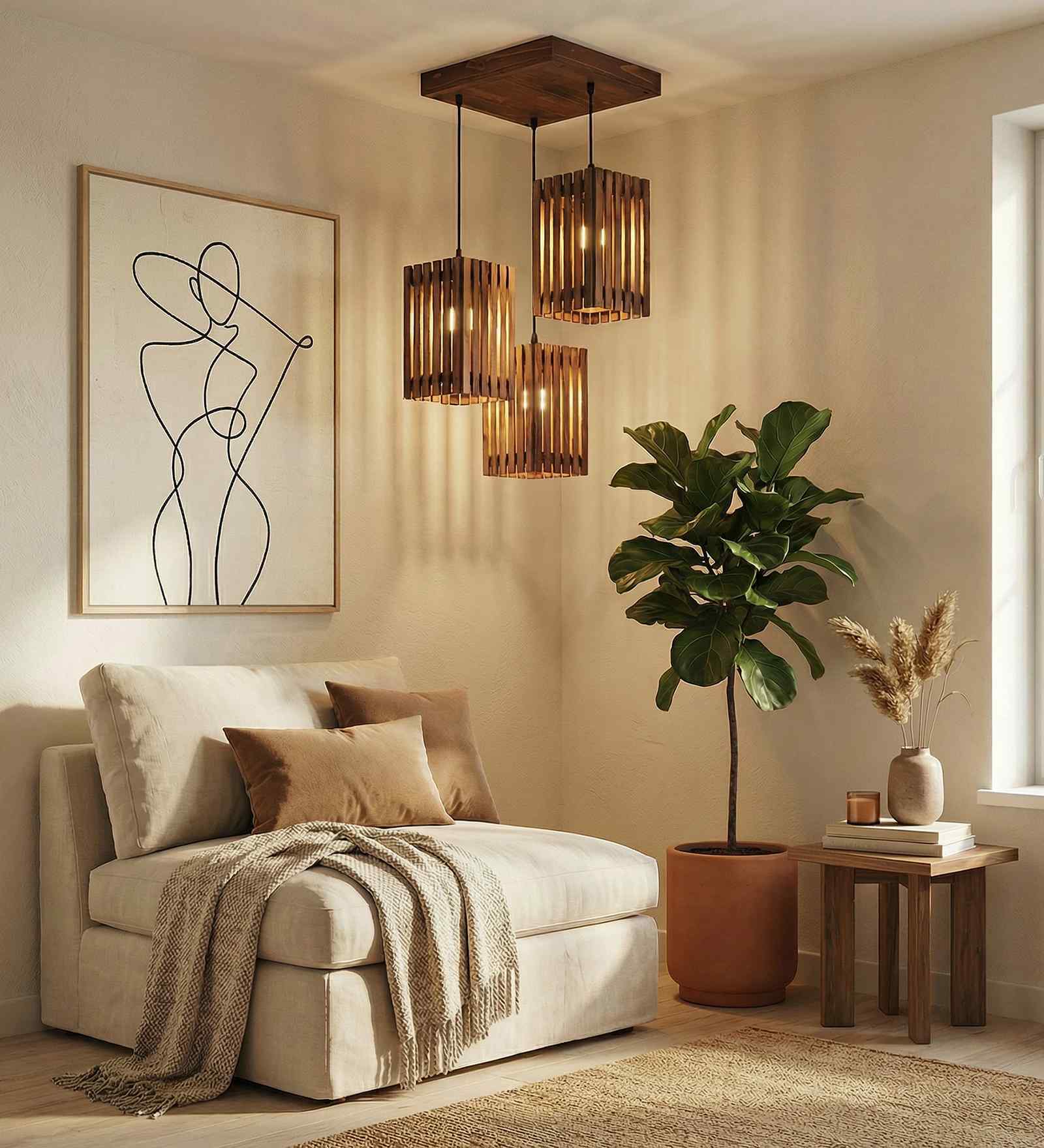 Elegant Brown Solid Wood Cluster Hanging Light