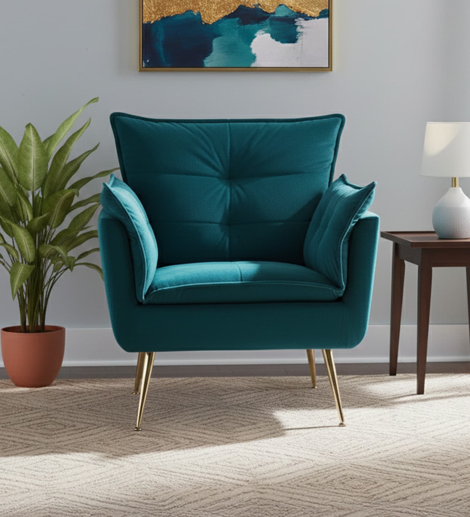 Elegant Chaise Velvet Fabric Lounge Chair In Teal Colour
