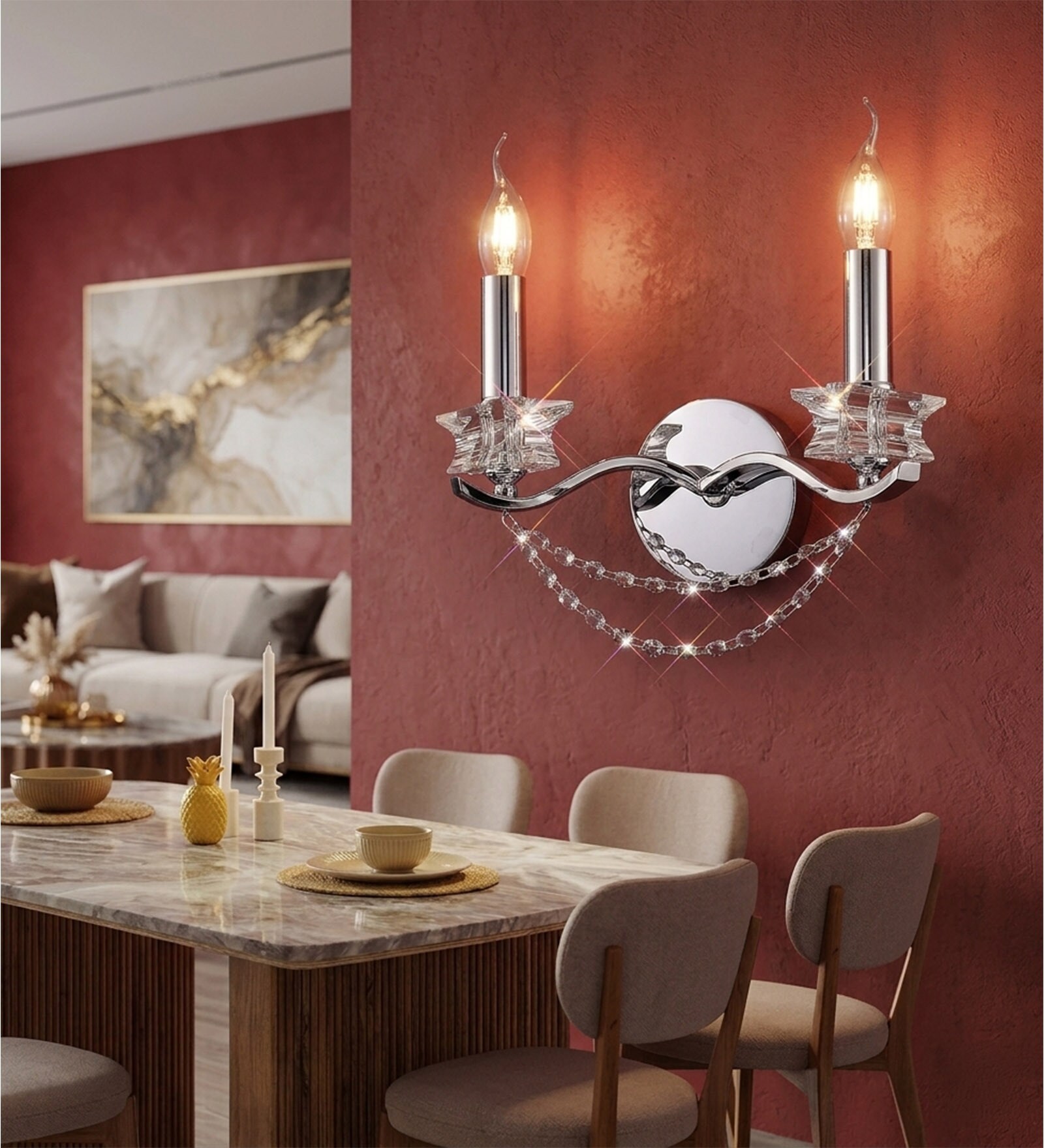 Elegant Dual Candle Crystal Wall Light   Chrome Finish