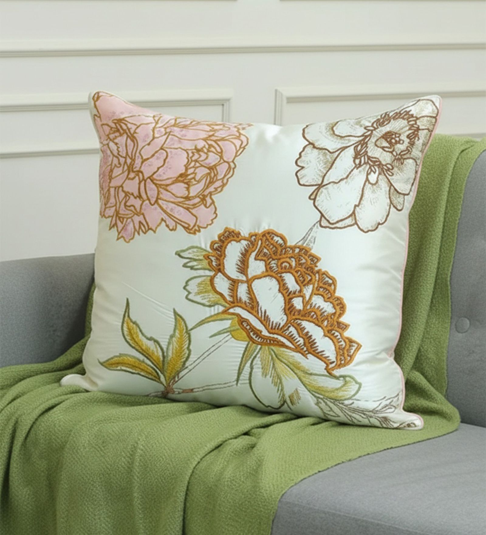 Elegant Embroidered Floral Throw Cushion Cover (18x18)