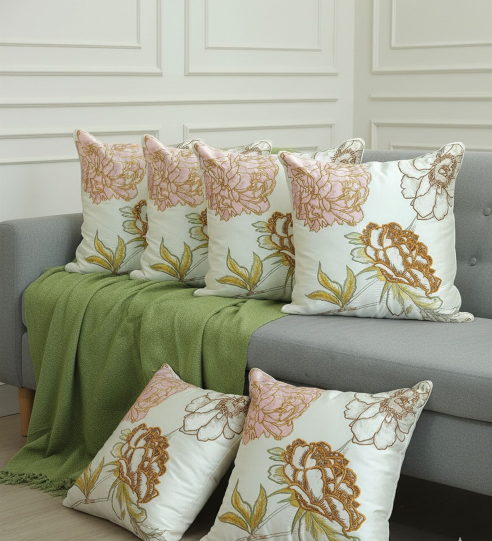 Elegant Embroidered Floral Throw Cushion Cover (18x18)