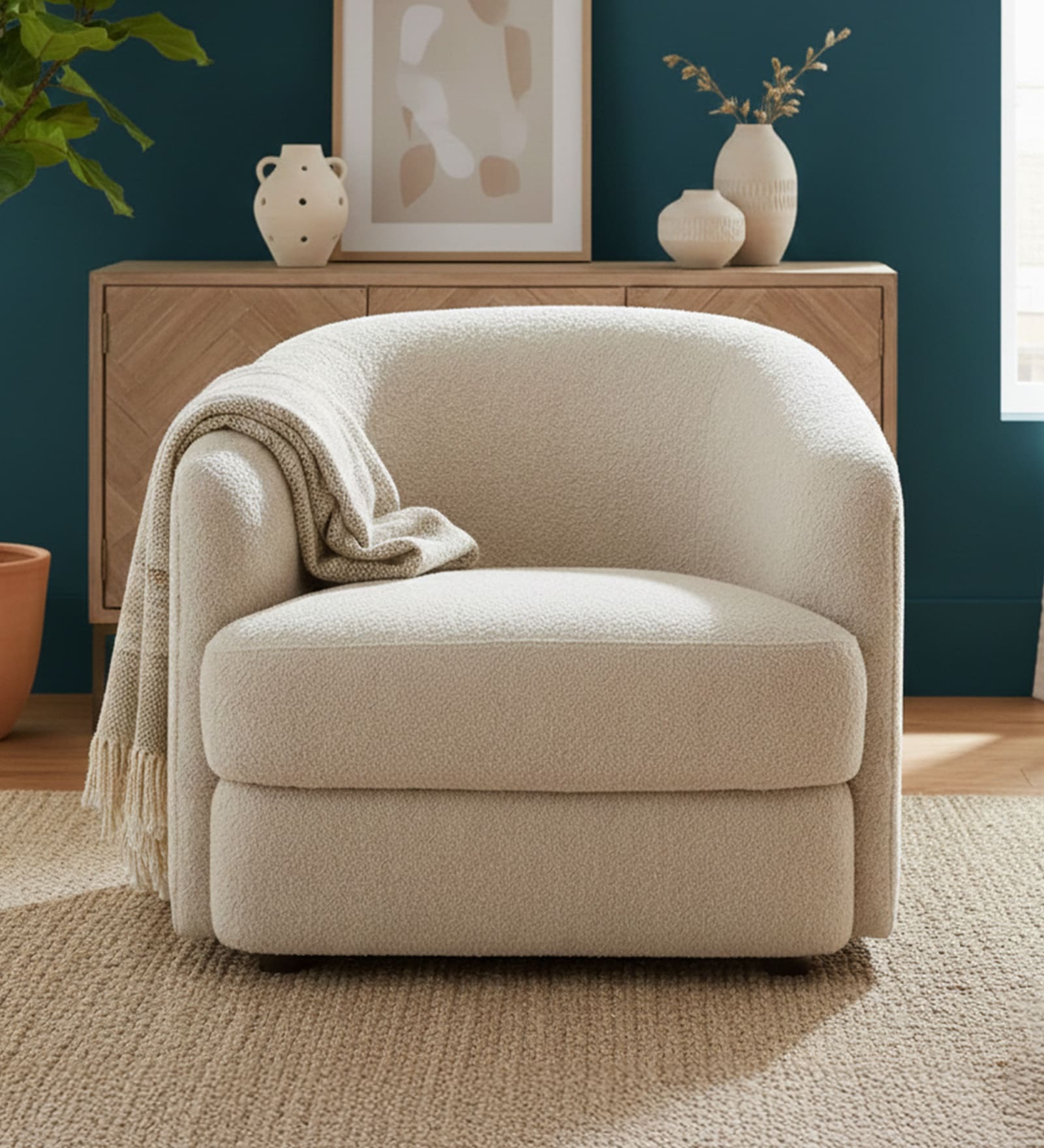 Elegant Ensemble Boucle 1 Seater Sofa In Cream Colour