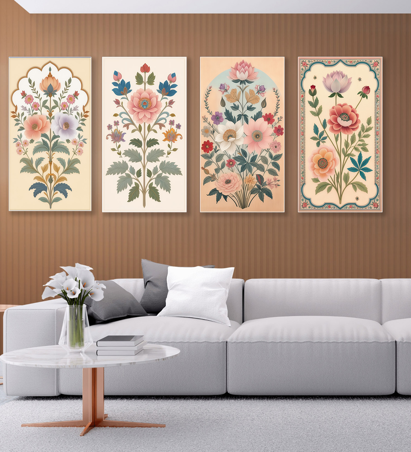 Floral Canvas Art Collection Set of 4 Printed Wall Painting White Frame