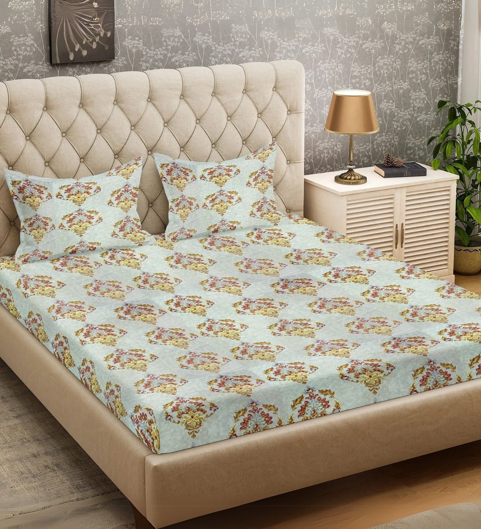 Elegant Floral Print Cotton Double Bed Flat Bedsheet with 2 Pillow Covers