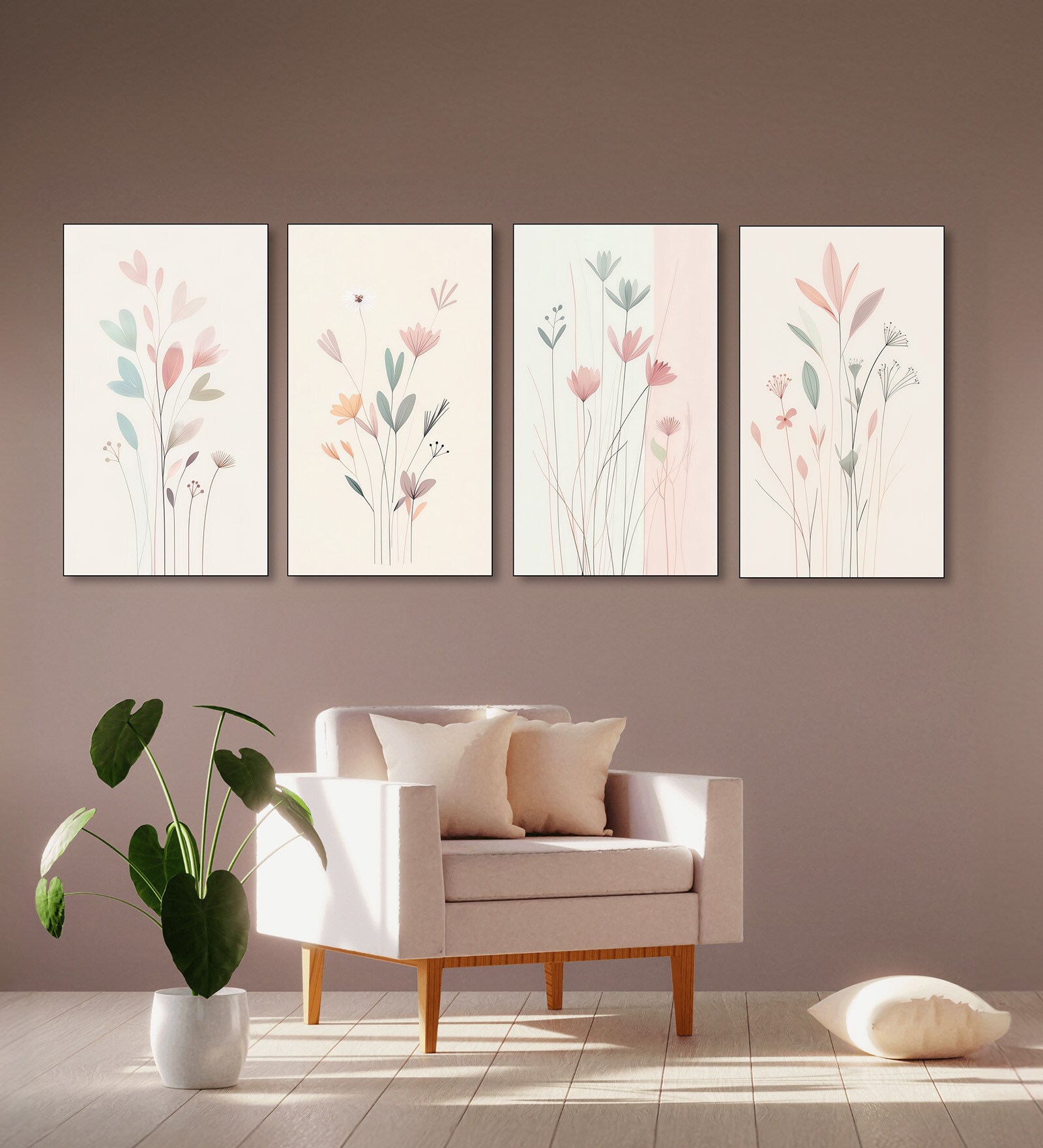 Elegant Floral Wall Art Set of 4 Canvas Wall Painting Black Frame