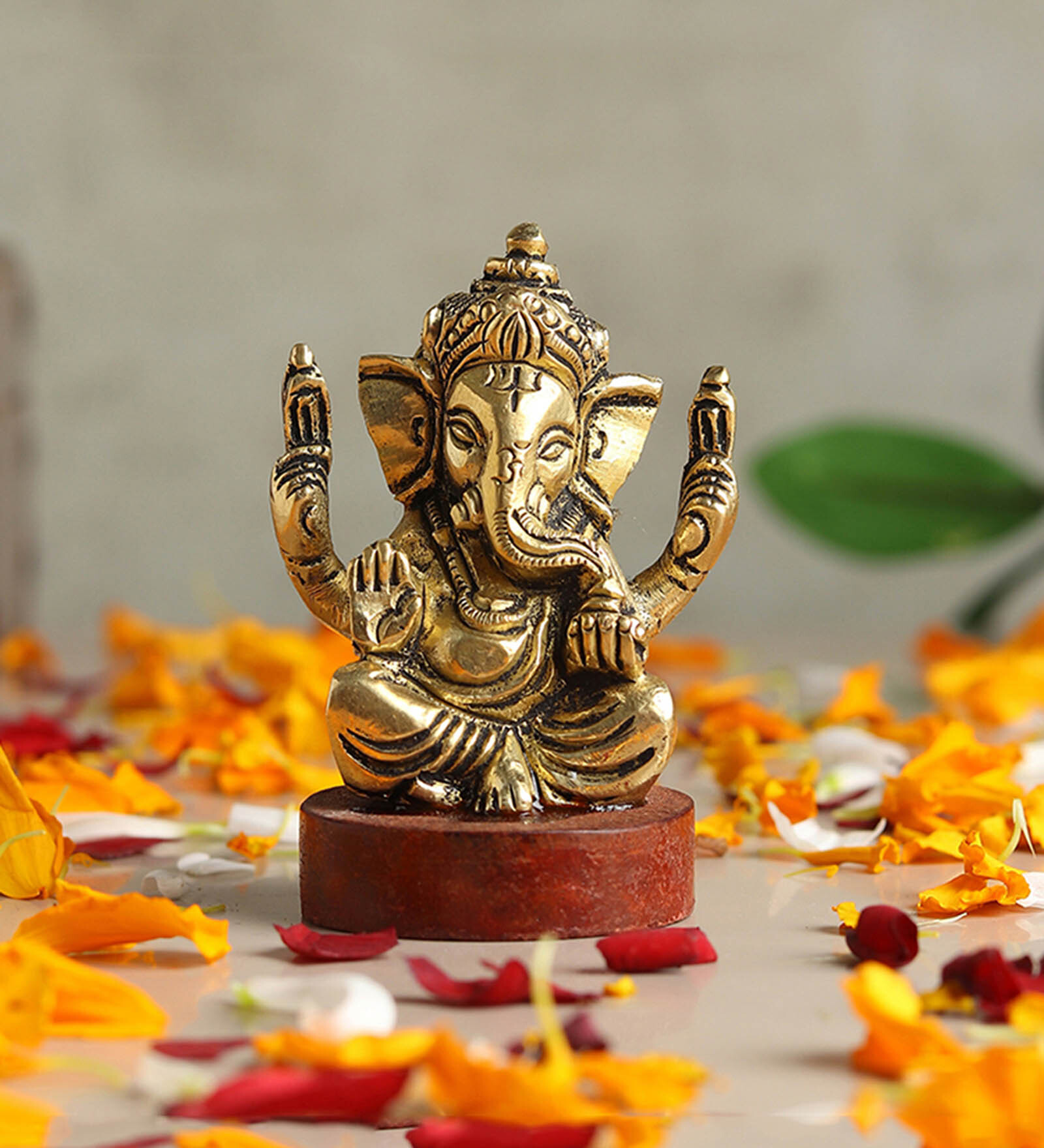 Golden Elegant Ganesha Brass Idol