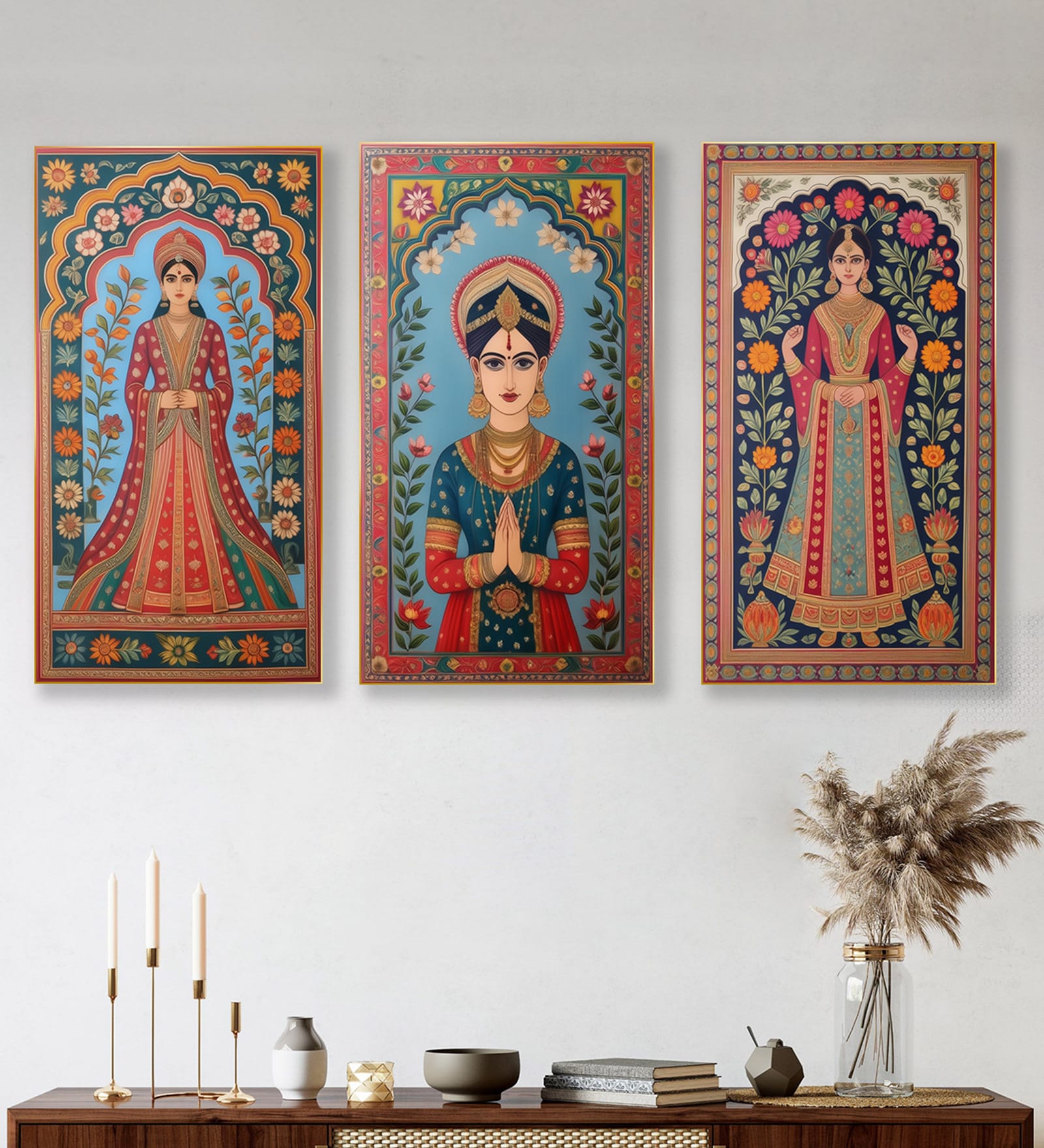 Woman Canvas Series Set of 3 Printed Wall Painting Gold Frame