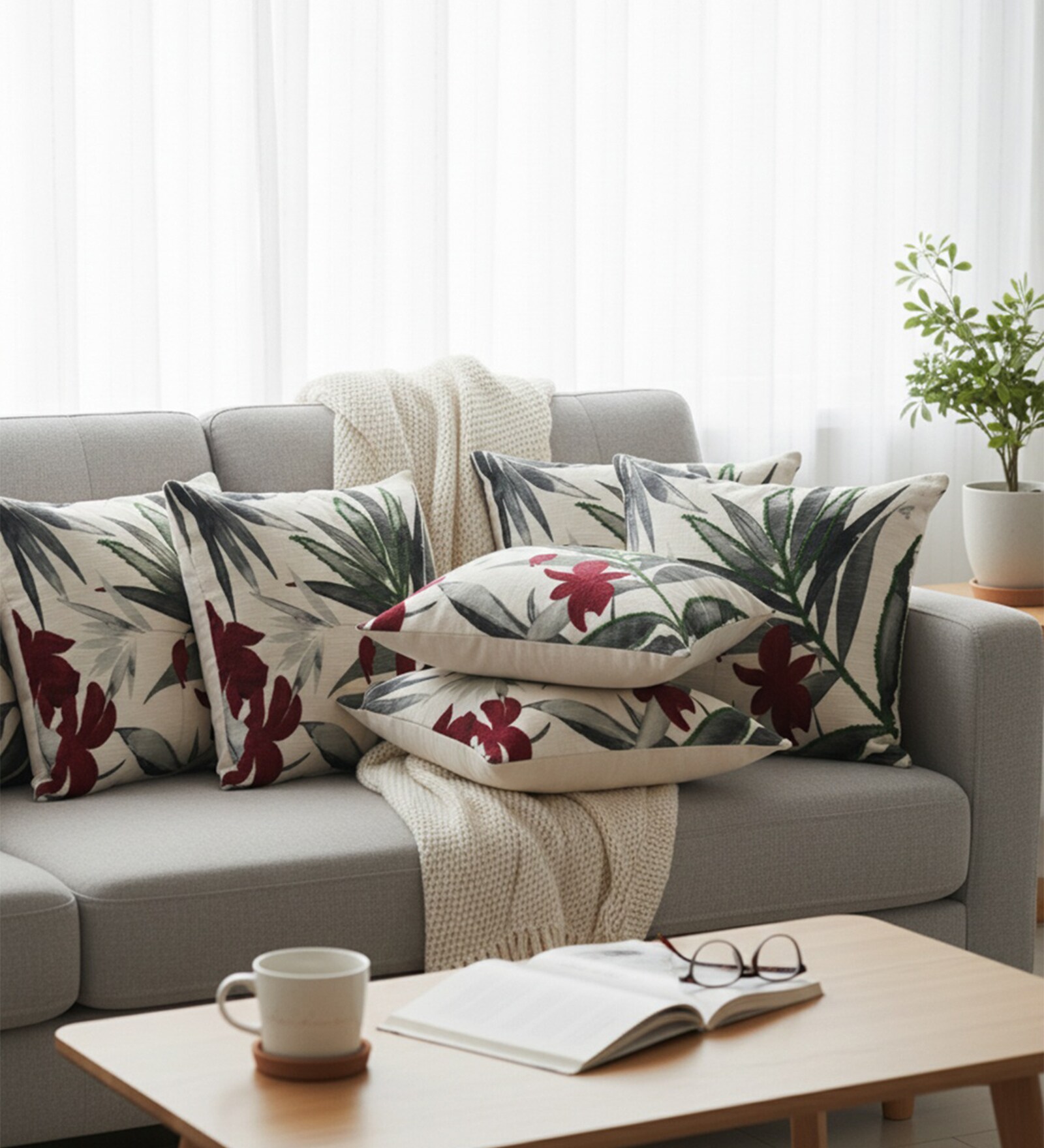 Elegant Maroon & Green Botanical Embroidered Throw Cushion Covers (18x18 Inch, Set of 6)