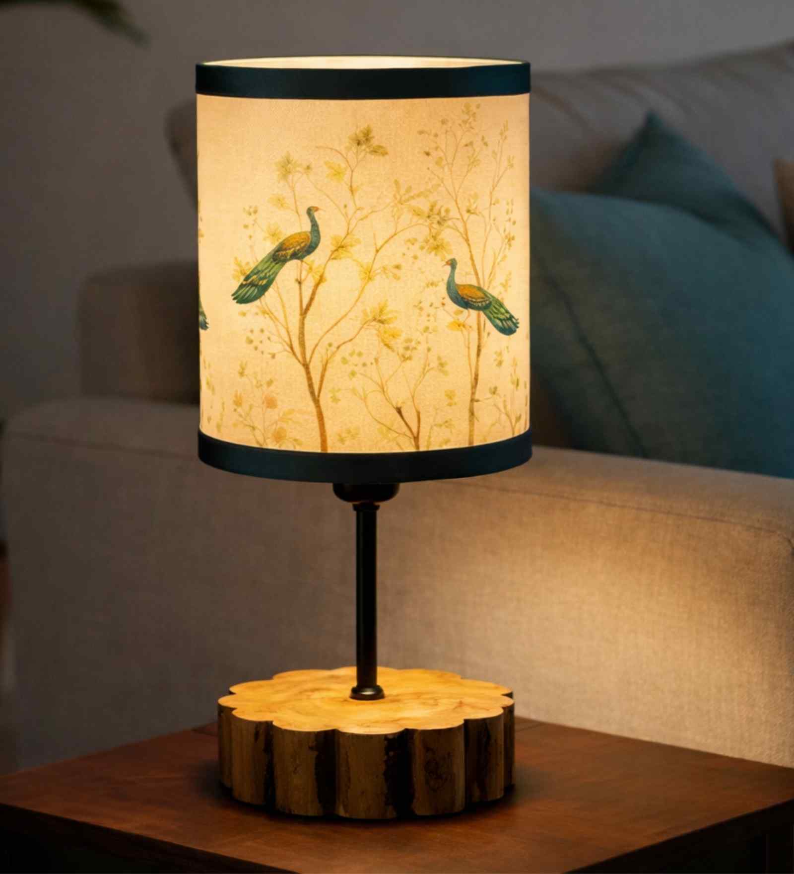 Elegant Peacock Print Shade Table Lamp Wooden Base