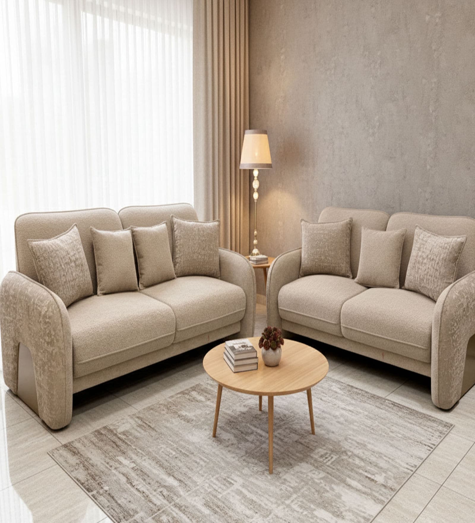 Elegant Chenille Fabric 3+2 Plush Sofa Set in Creme Colour Elegant Chenille Fabric 3+2 Plush Sofa Set in Creme Colour