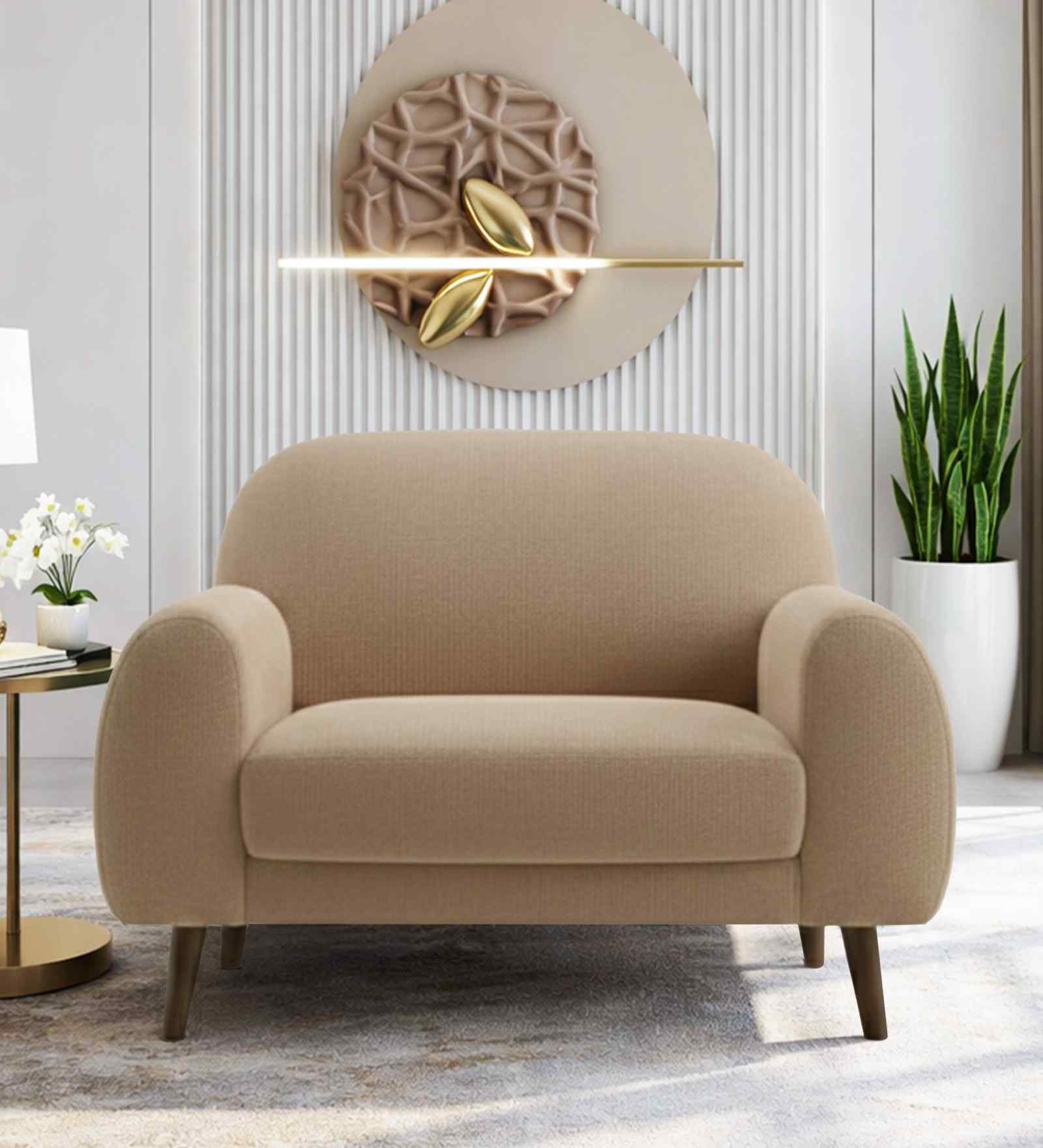 Elegant Velvet Fabric 1 Seater Sofa In Beige Color