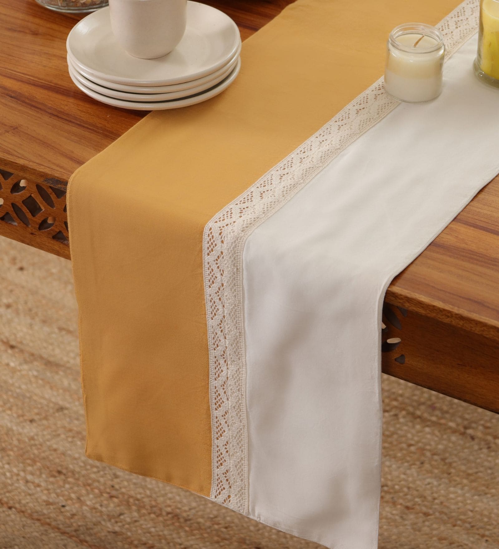 Pure Cotton & Crochet 14X60 Inches Table Runner In Mustard & Off White