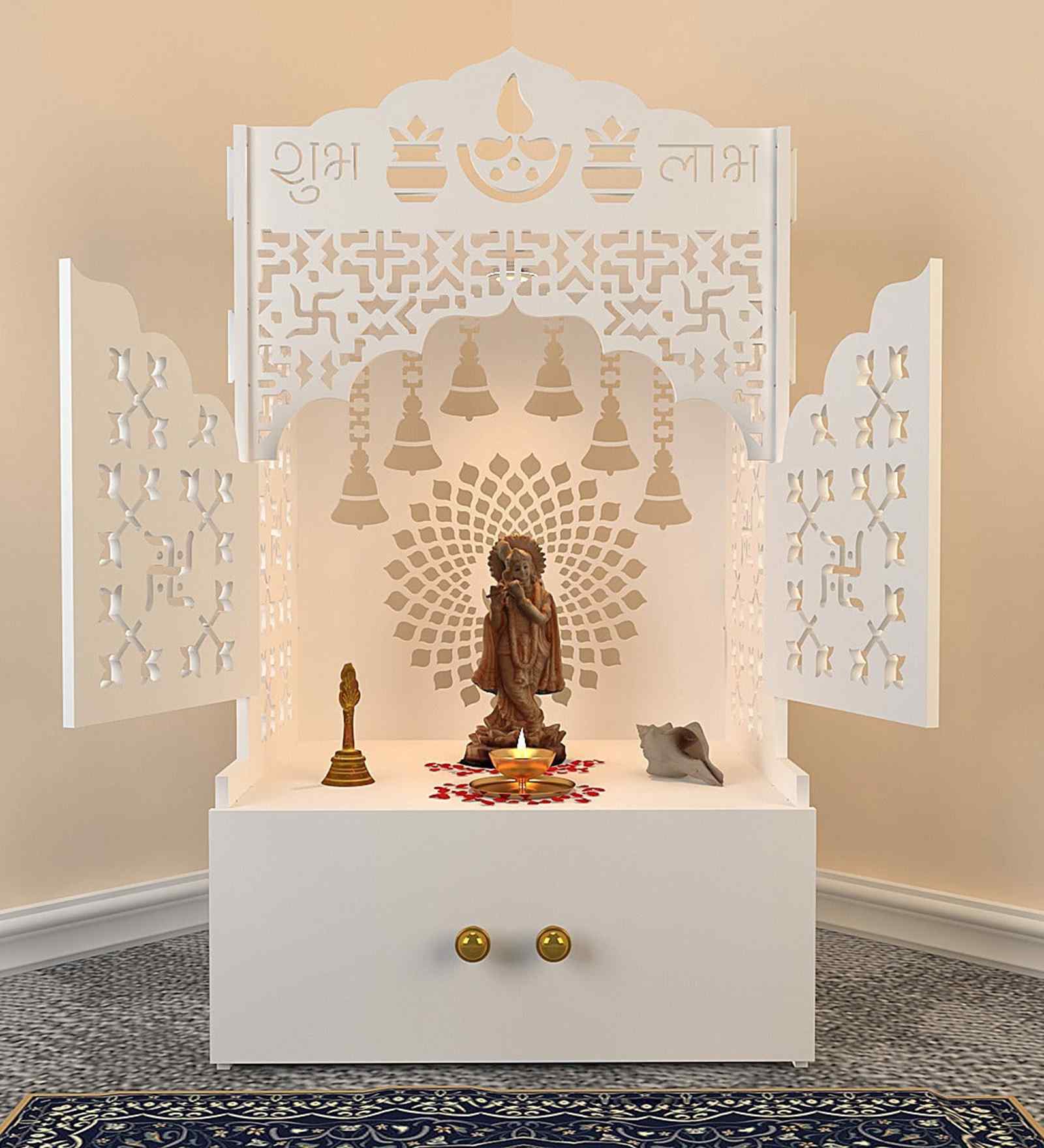 Elegant White Wooden Floor Pooja Mandir with Laser-Cut Doors Shubh Labh Design & Storage Cabinet