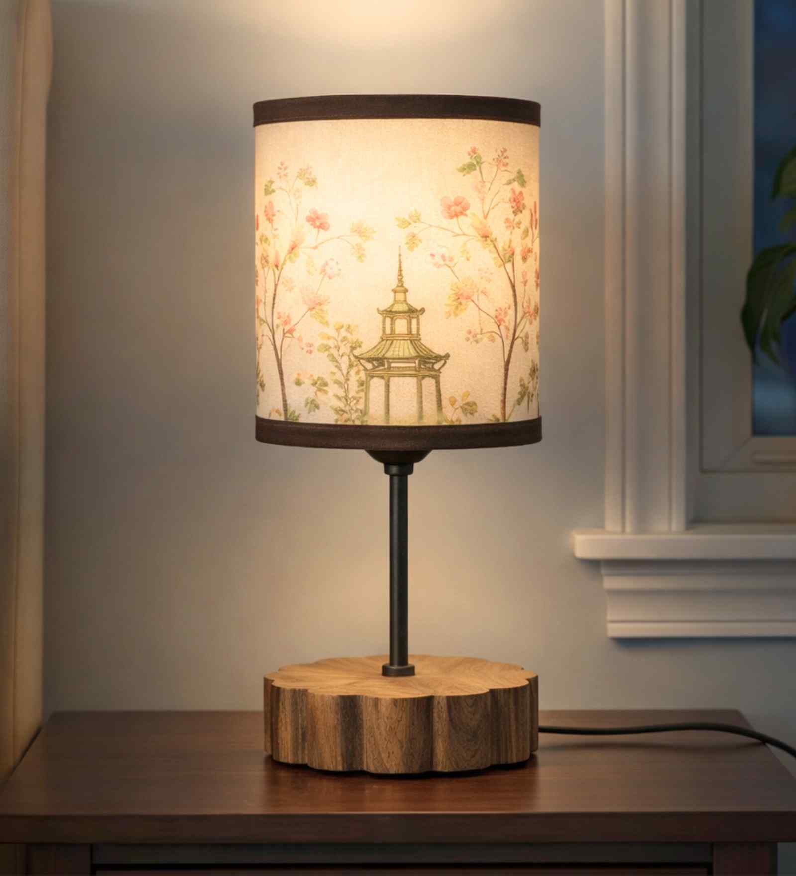 Elegant Wooden Base Table Lamp with Floral Printed Fabric Shade