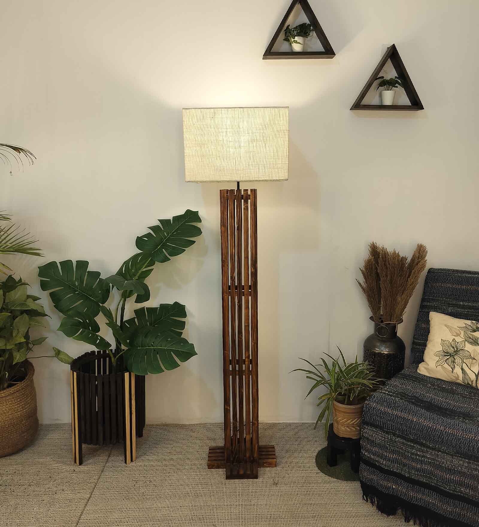 Elegant Wooden Floor Lamp with Jute Shade & Brown Base