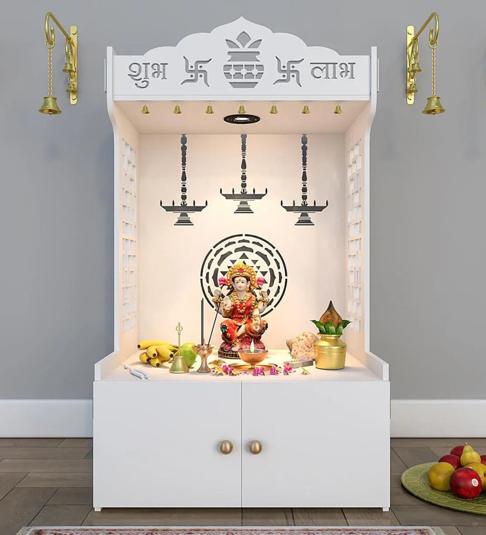 Elegant Wooden Floor Pooja Mandir with Laser-Cut Design with Storage Cabinet