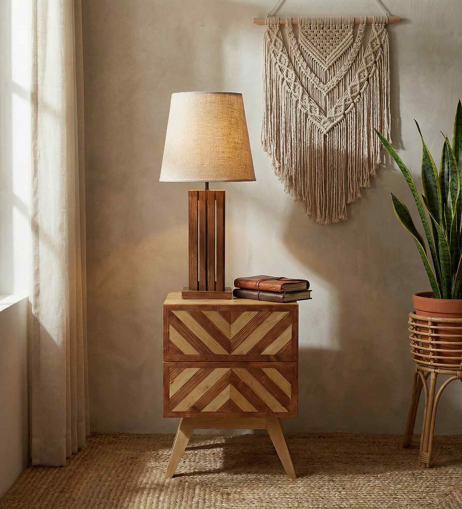 Elegant Wooden Table Lamp with Jute Shade & Brown Base