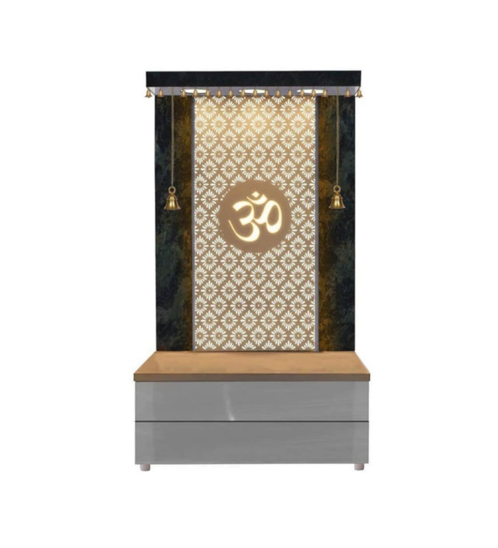 Elegant Wooden Temple with Om Cutwork and Dual Storage Drawers