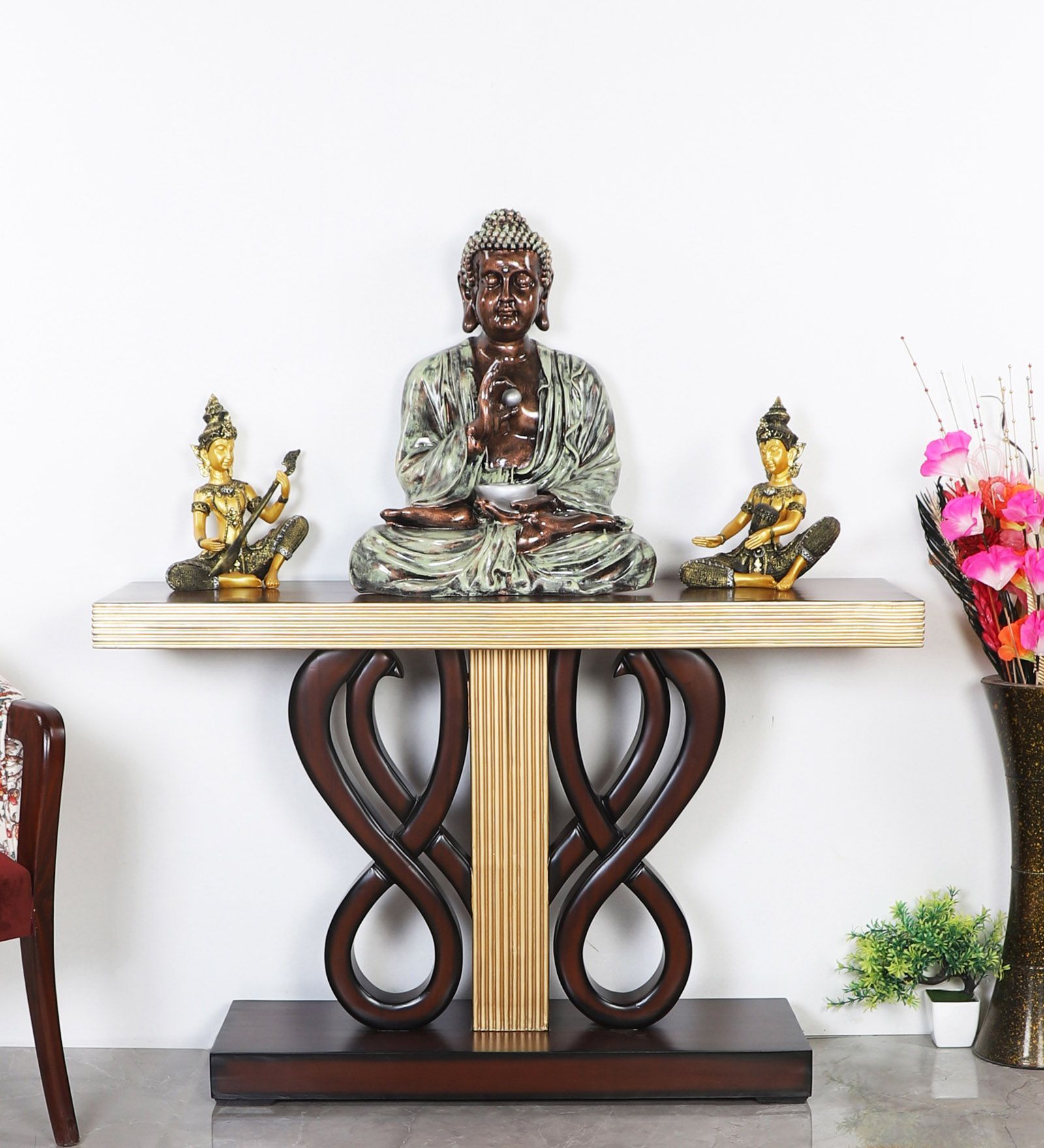 Eleganza Solid Wood Console Table in Brown Silver Colour