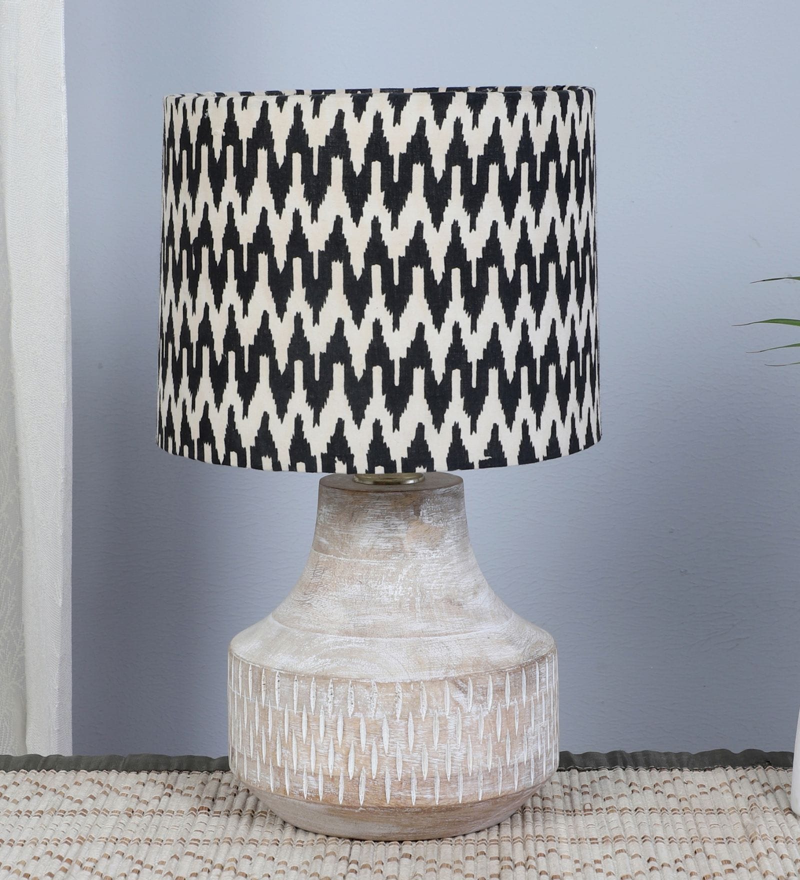 Elegent Mangowood Table Lamp With Chevron Print Satin Shade