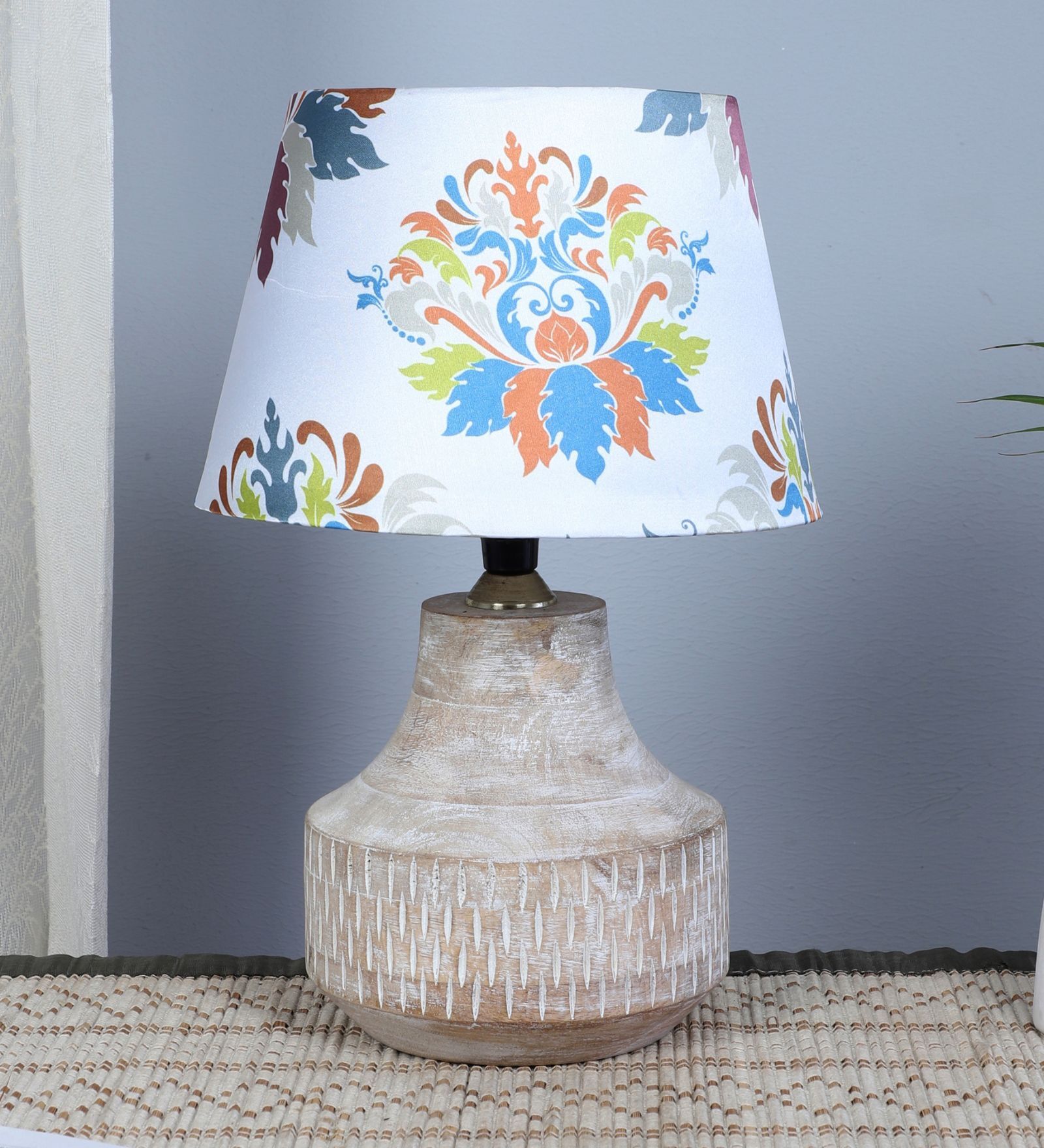 Elegent Mangowood Table Lamp With English Oak Print Satin Shade