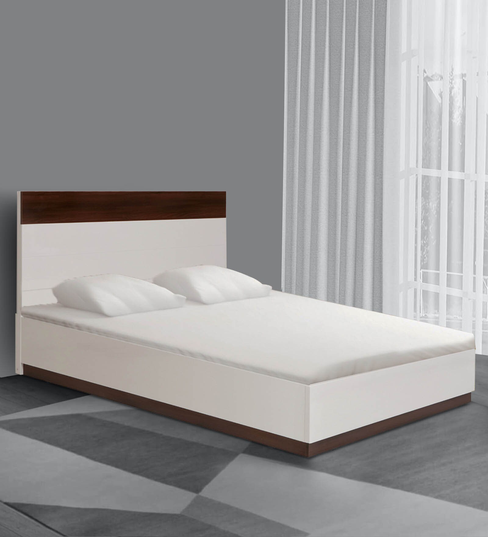 Element King Size Bed in White & Walnut Finish with Hydraulic Storage