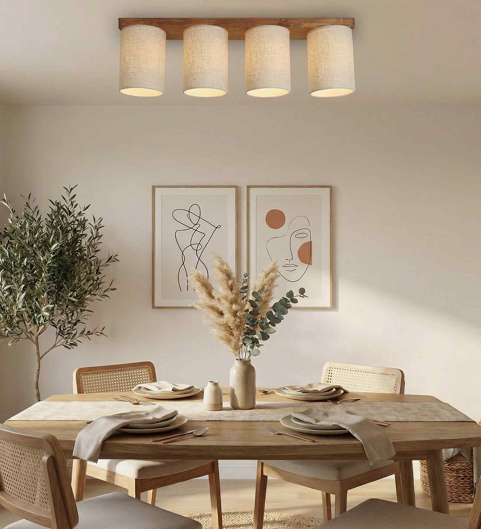 Elementary 4 Lights Beige and Brown Solid Wood Flush Mounted Ceiling Light