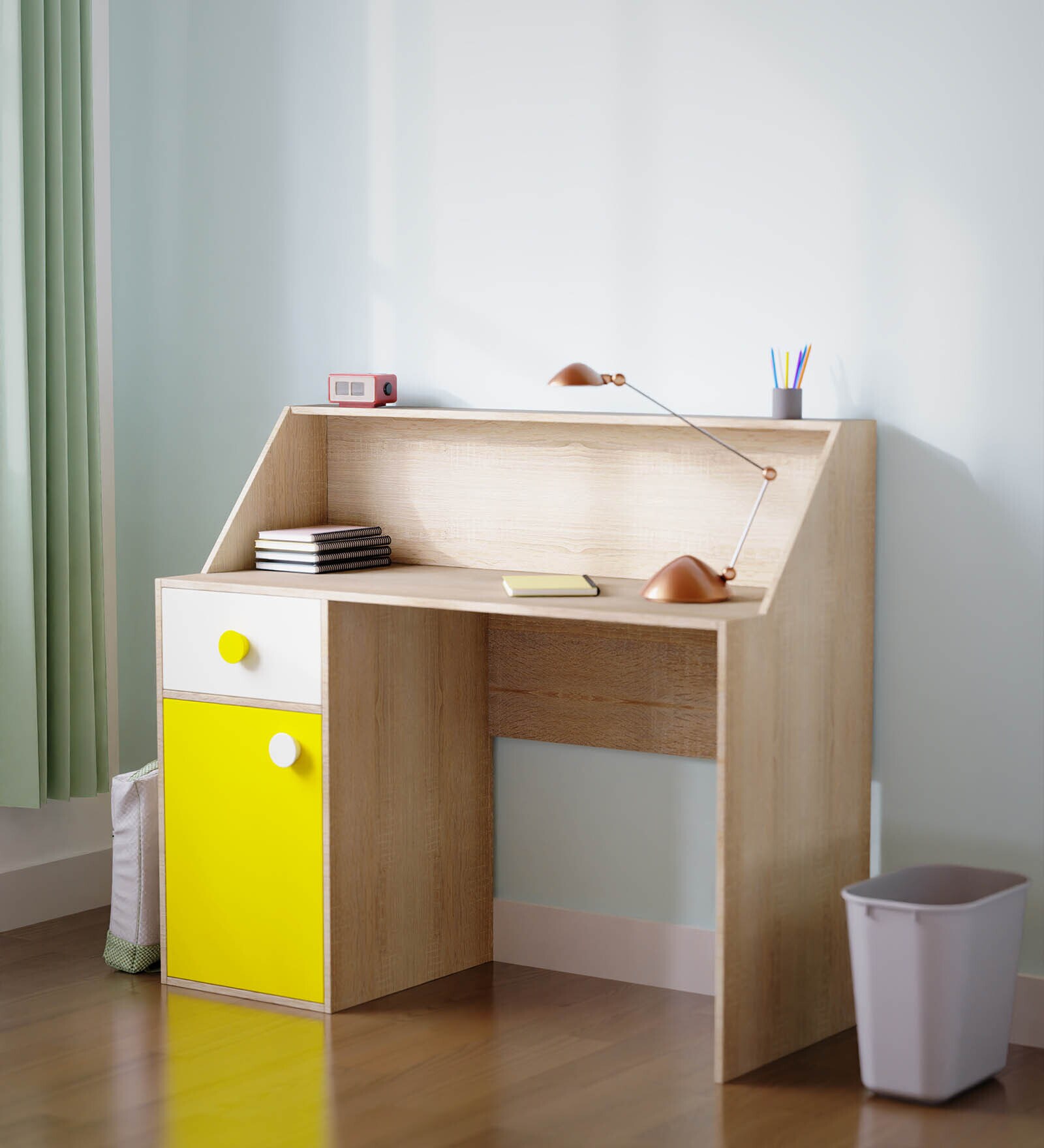 Elementary Kids Study Table in Yellow And Oak Finish