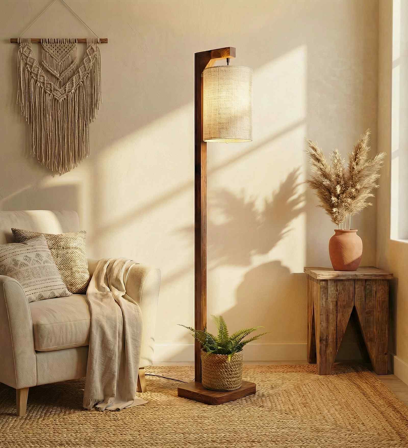 Elementary Wooden Shelf Floor Lamp with Jute Shade and Brown Base