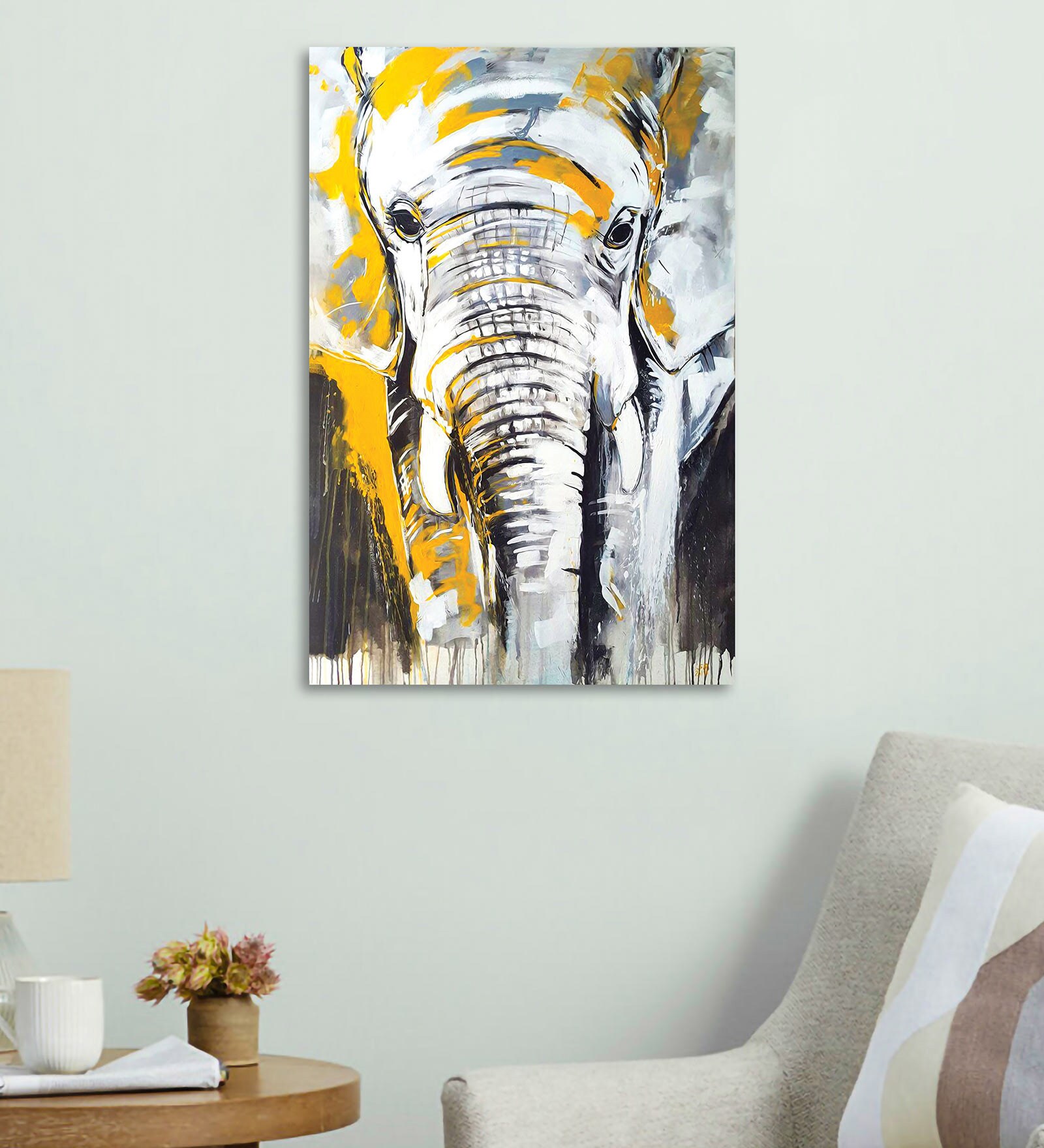 Elephant Black Canvas Teakwood And MDF Framed Wildlife Art Print