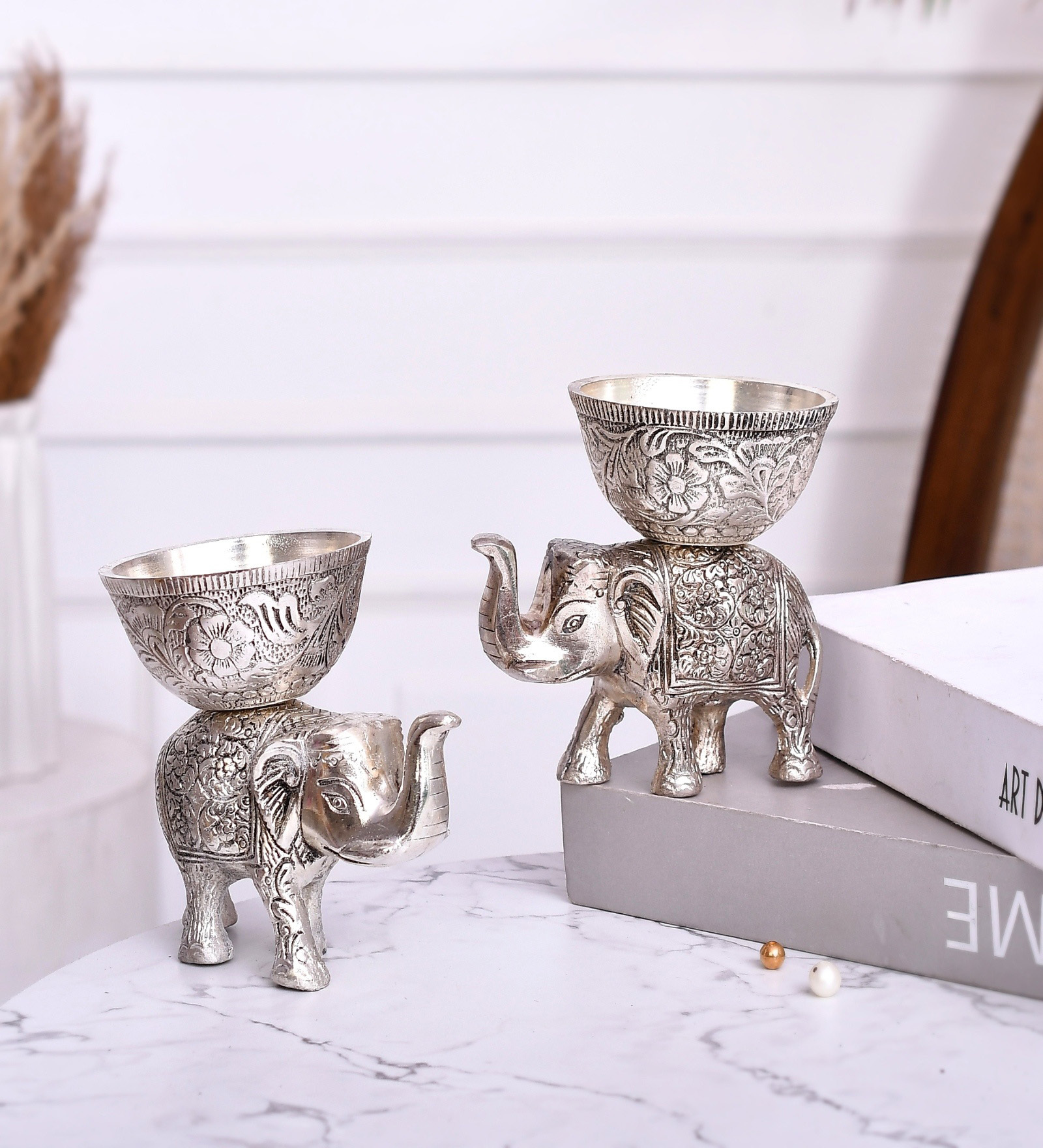 Silver Metal Elephant Bowl Oxidised Decorative Showpiece Set Of 2